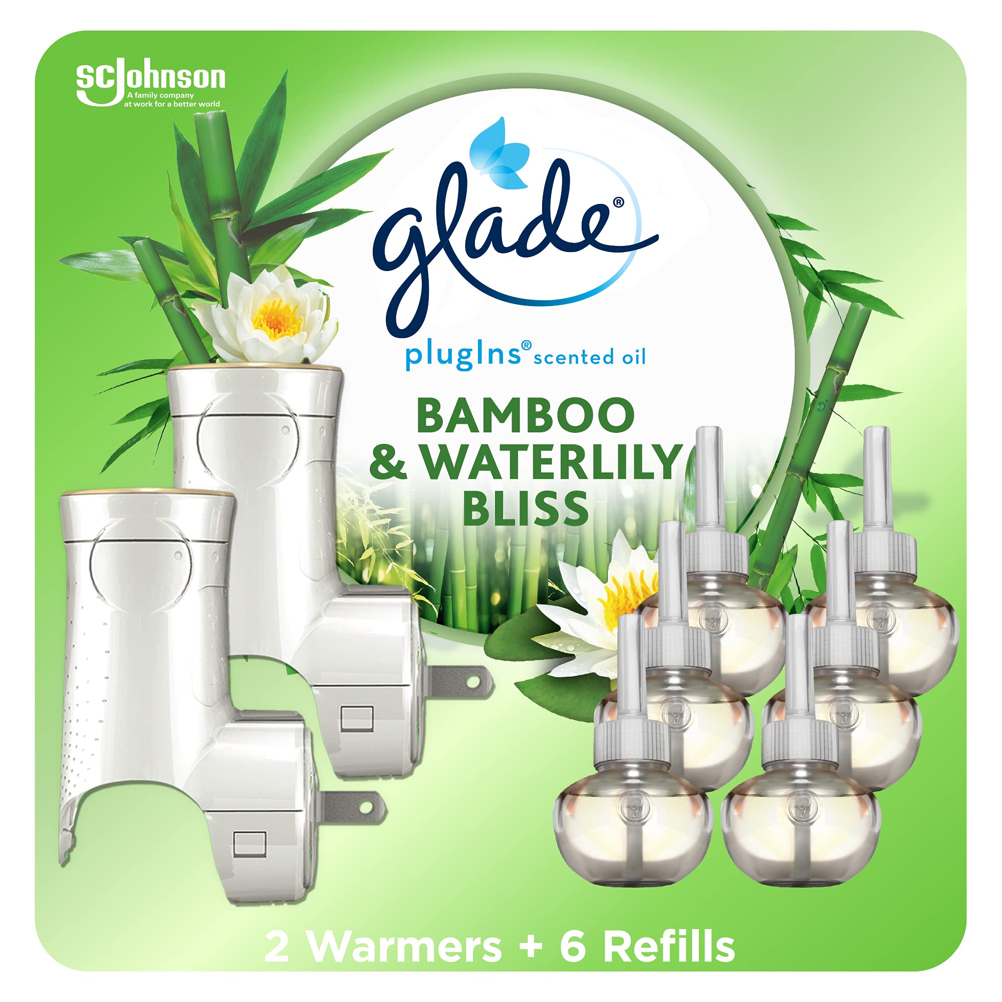 Glade Plugins Refills Air Freshener Starter Kit, Scented And Essential Oils For Home And Bathroom, Bamboo & Waterlily Bliss, 4.0