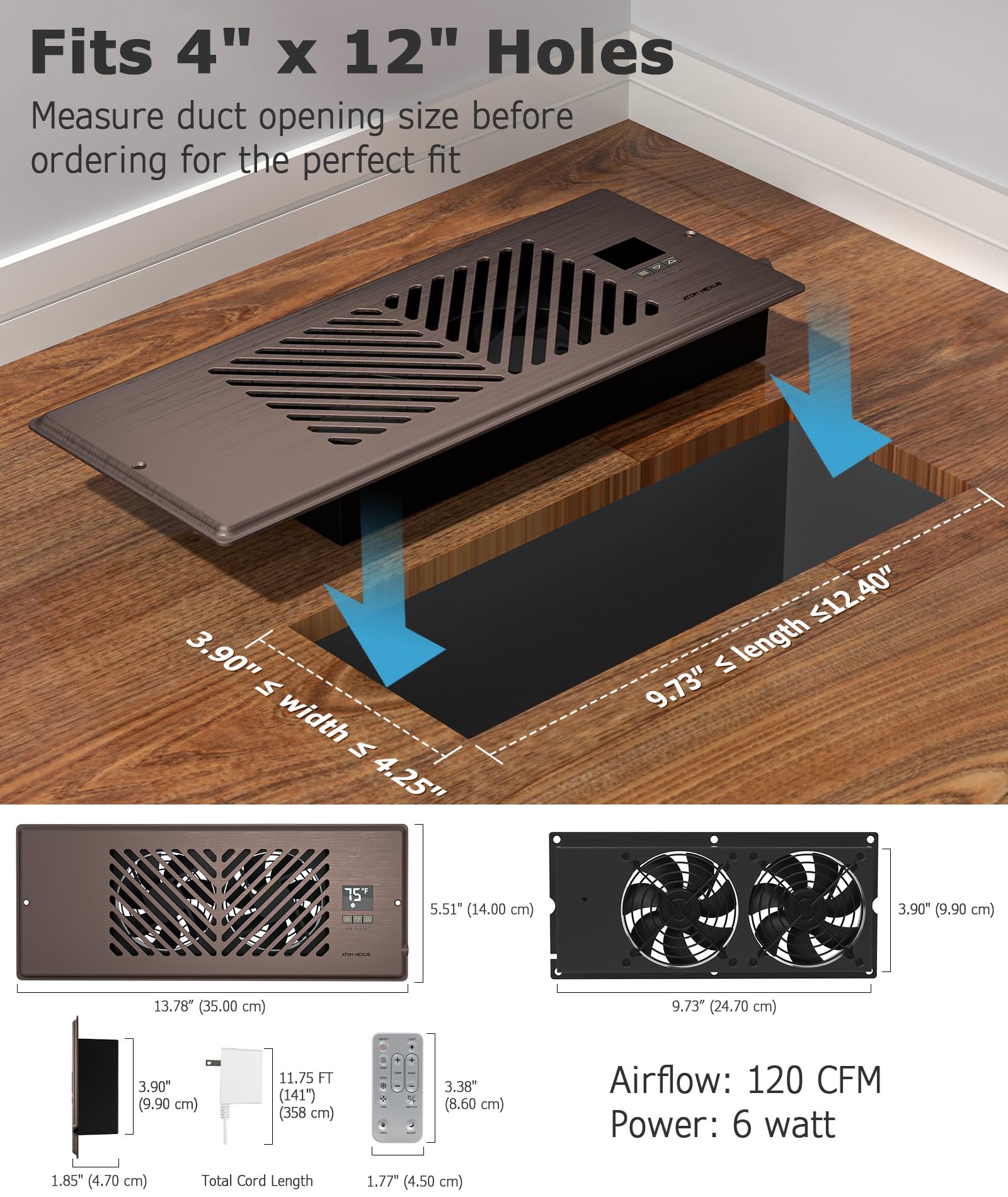 Atom Nexus Quiet Register Booster Fan Fits 4   X12    Register Holes, Smart Vent Booster Fan With Thermostat & Remote Control, 1