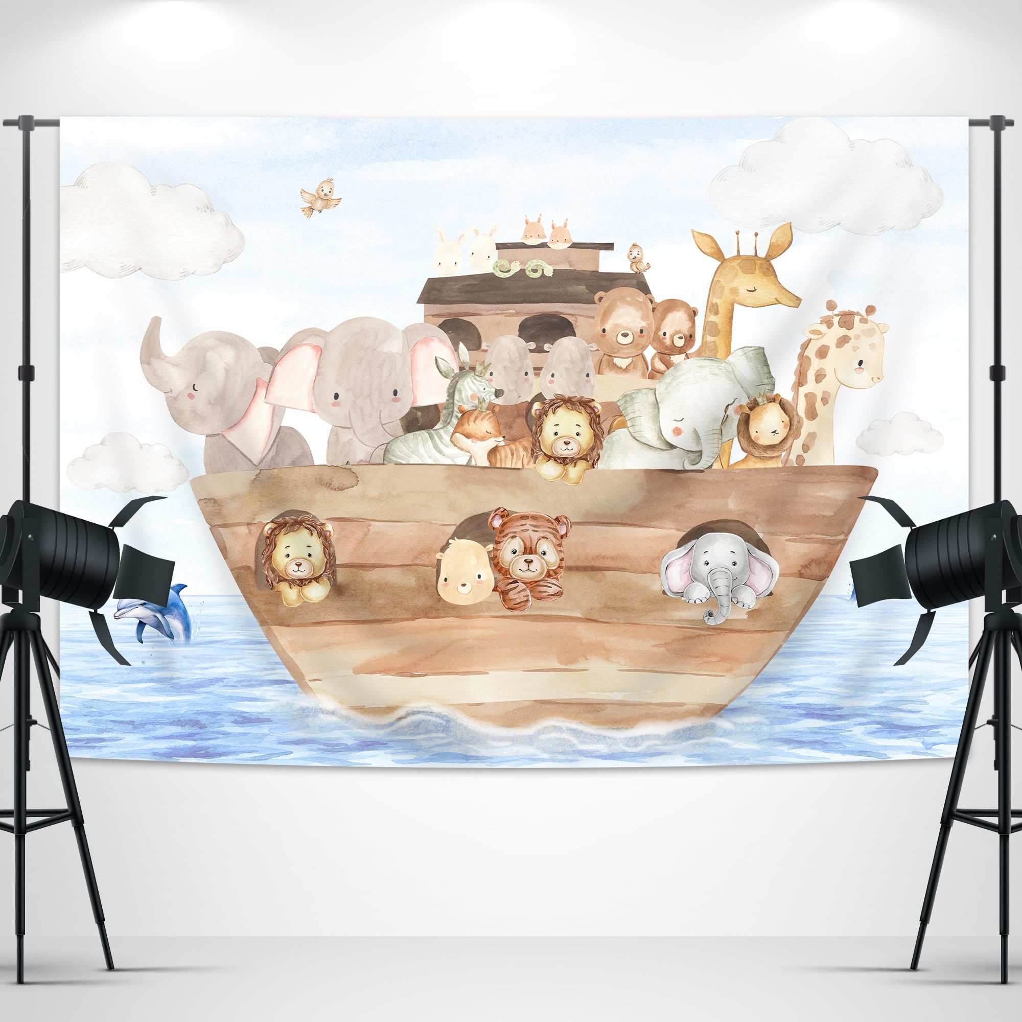 Glawry Noah'S Ark Baby Shower Backdrop For Photography 7Wx5H Feet Cute Cartoon Woodland Animals Blue Ocean Lovely Clouds Newborn