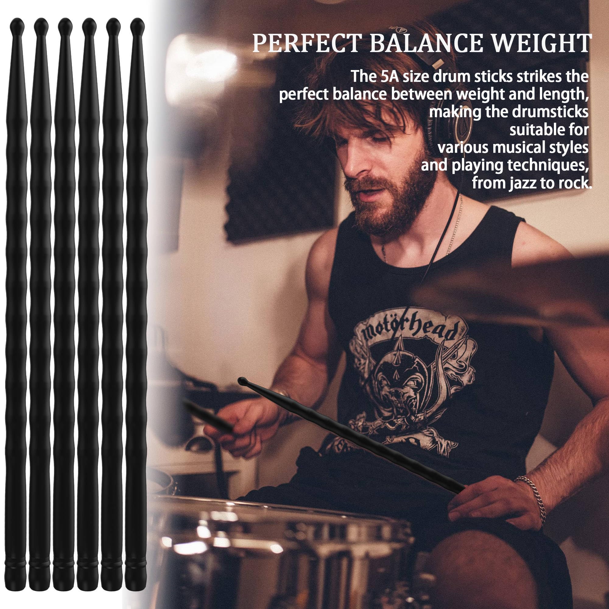 5A Carbon Fiber Drum Sticks Light Durable Drumsticks (3 Pair Black)