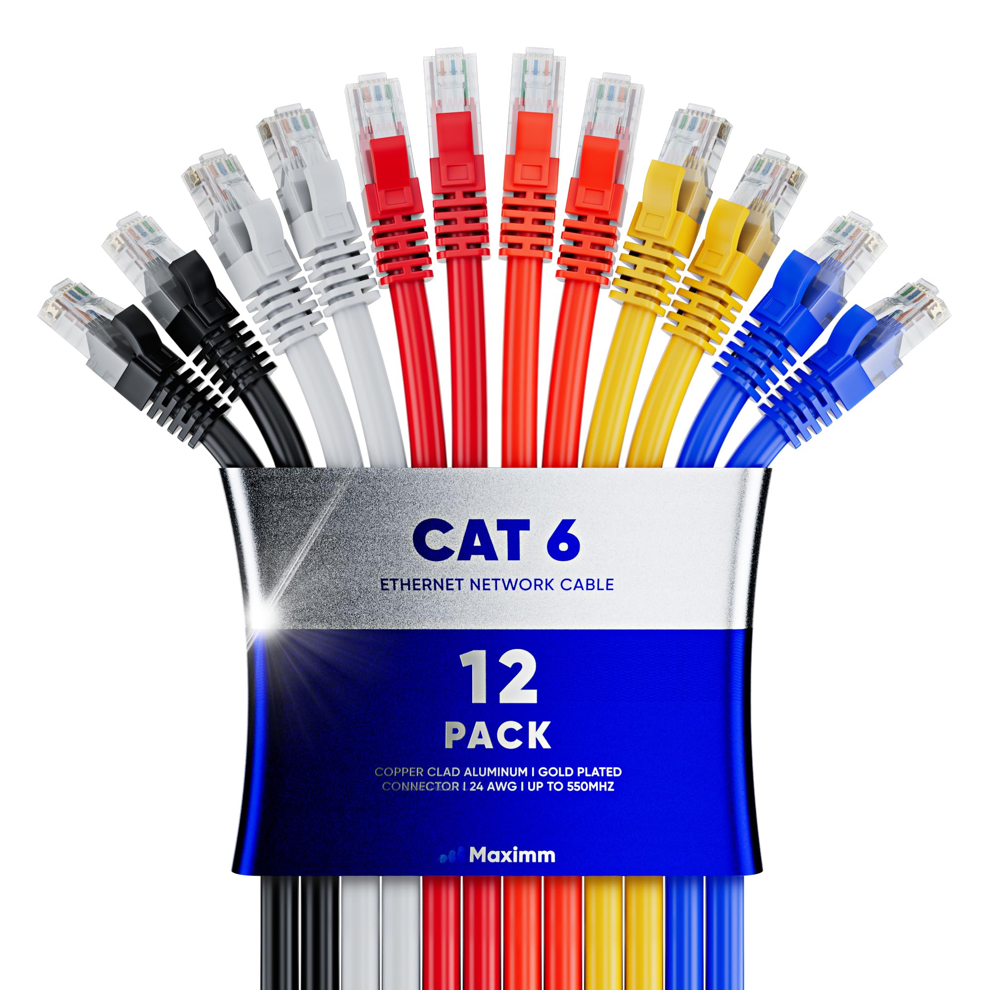 Maximm Cat 6 Ethernet Cable 3 Ft (12 Pack)   High Speed Lan Cable, Internet Cable, Patch Cable, And Network Cable   Utp, 10Gbps, 550Mhz Ethernet Cord   Multicolor