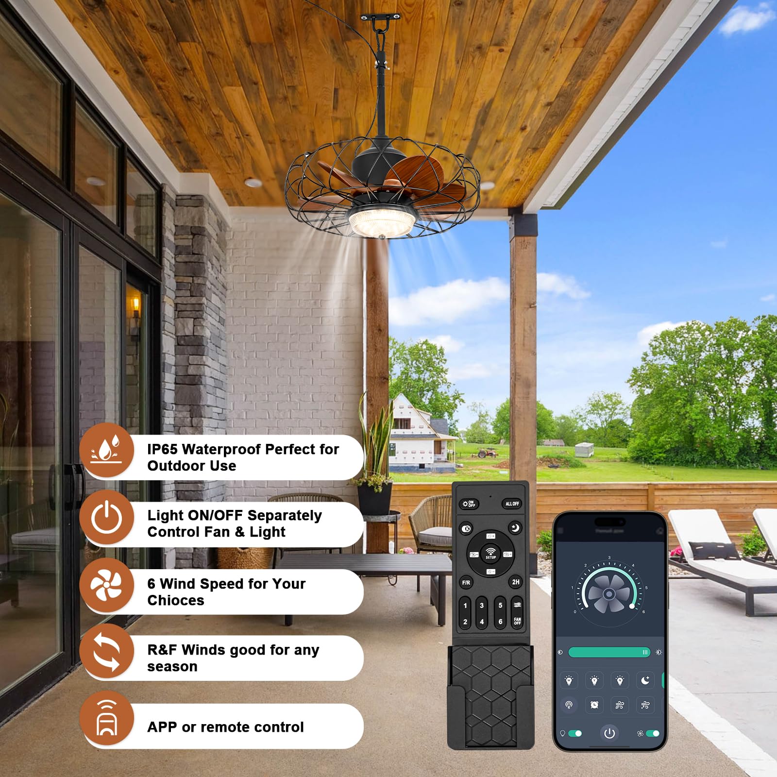 20 Outdoor Ceiling Fan With Light For Patios Waterproof Caged Gazebo Fans Outdoor Hanging Lighting With Plug-In Cord, Dimmable L