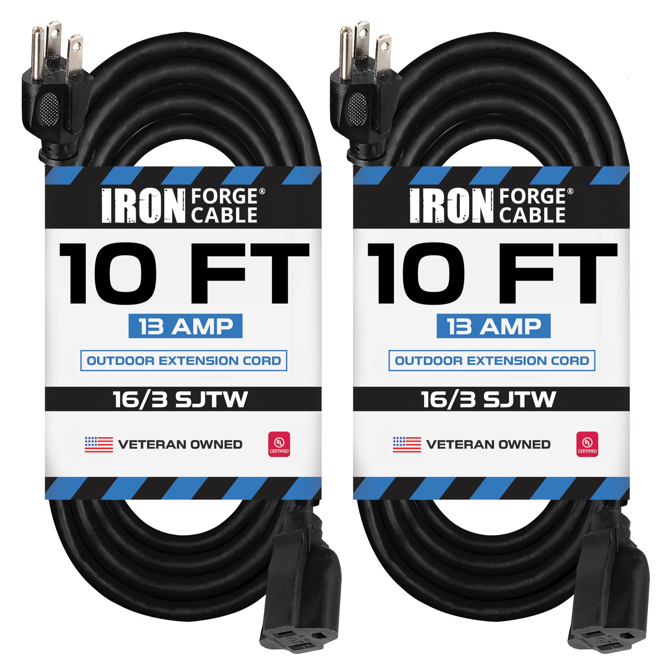 Iron Forge Cable 2 Pack Outdoor Extension Cord 10 Ft, 16/3 Sjtw Heavy Duty Black Extension Cord 3 Prong, 13 Amp Weatherproof Ext