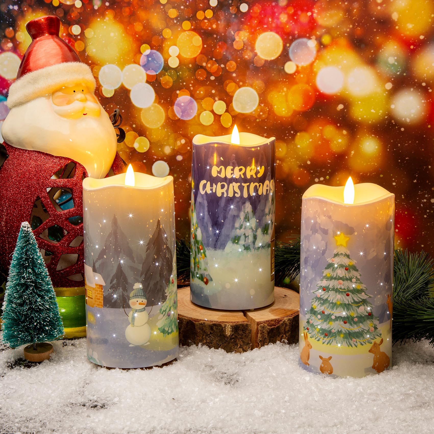 Eywamage Fiber Optic Christmas Flameless Pillar Candles With Remote, Flickering Xmas Battery Operated Led Candles Set Of 3
