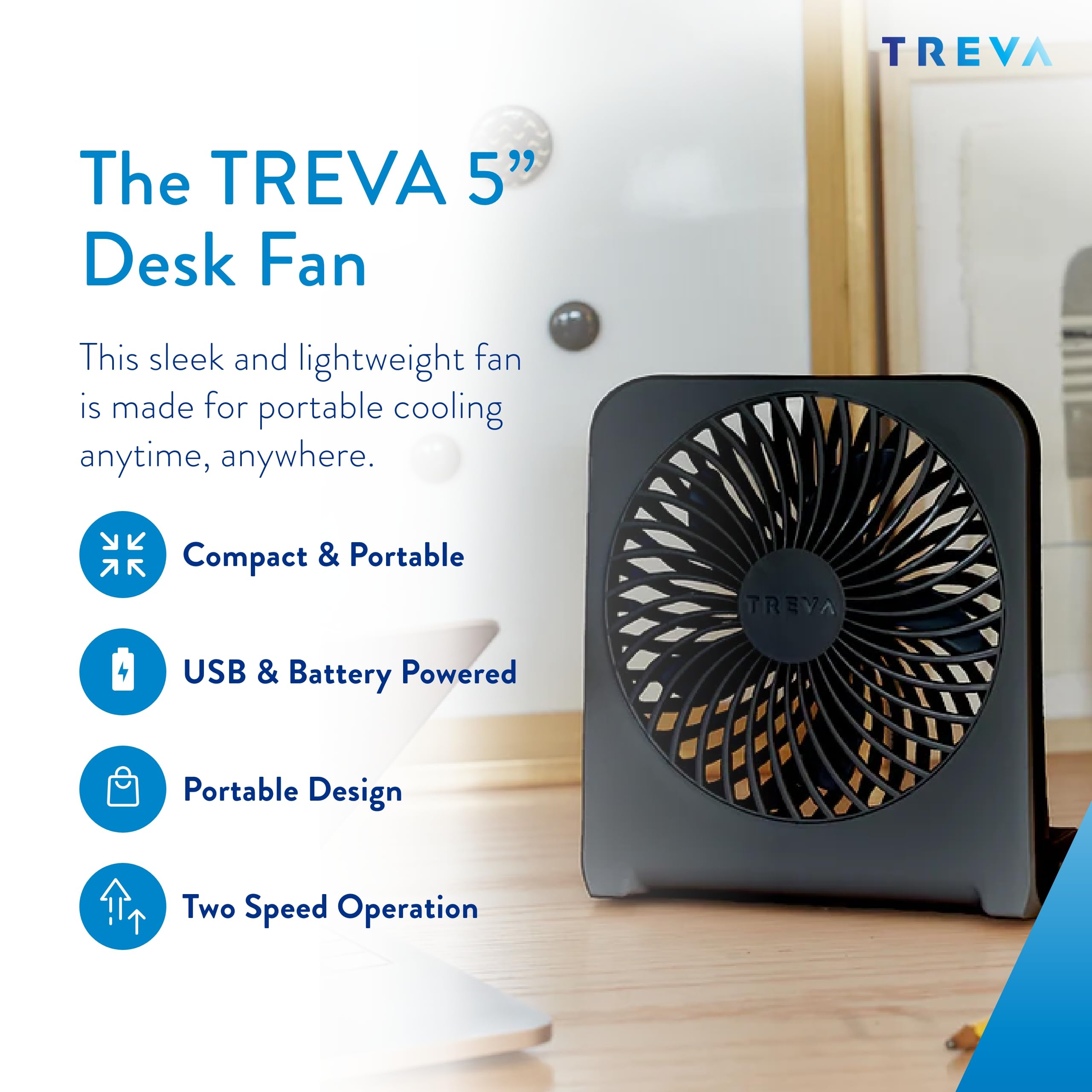 Treva 5 Inch Usb And Battery Powered Desk Fan With Two Cooling Speeds And Adjustable Tilt, Small Usb Fan Cubicle Accessories Dur