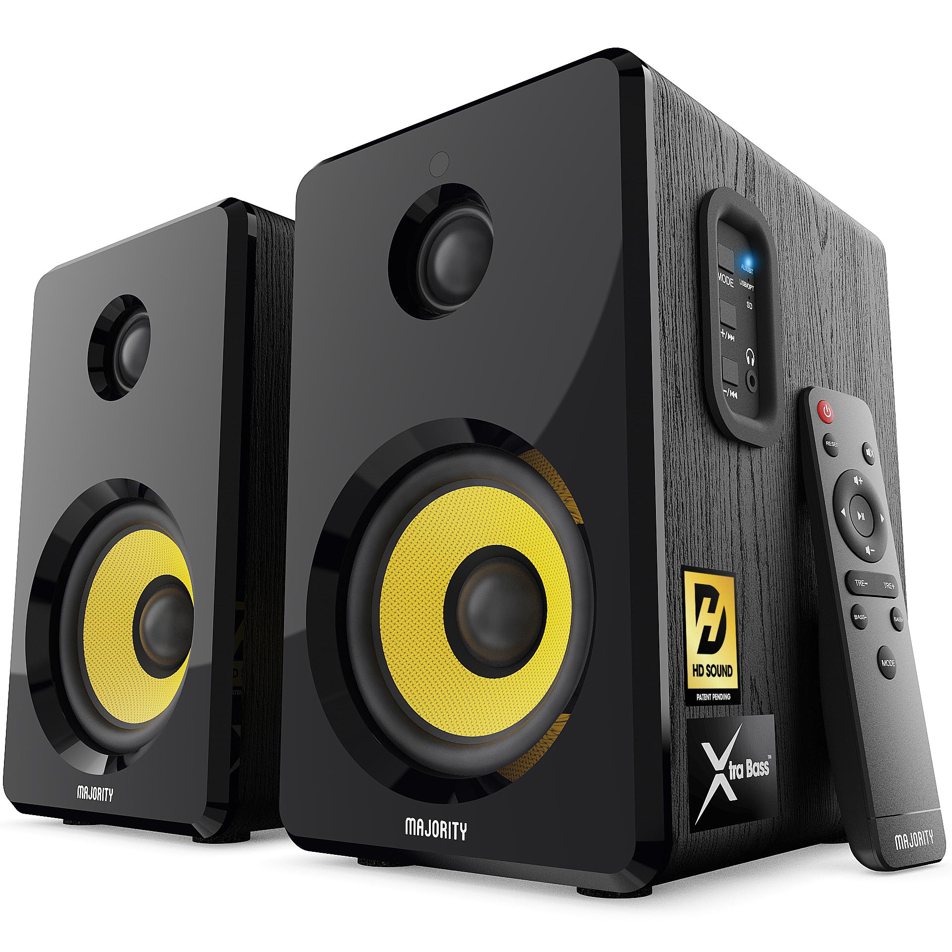 Majority Bluetooth Active Bookshelf Speakers With 70 Watts Power | Hi Fi Powered Speakers, Kevlar Yellow Speaker Cone And Wooden