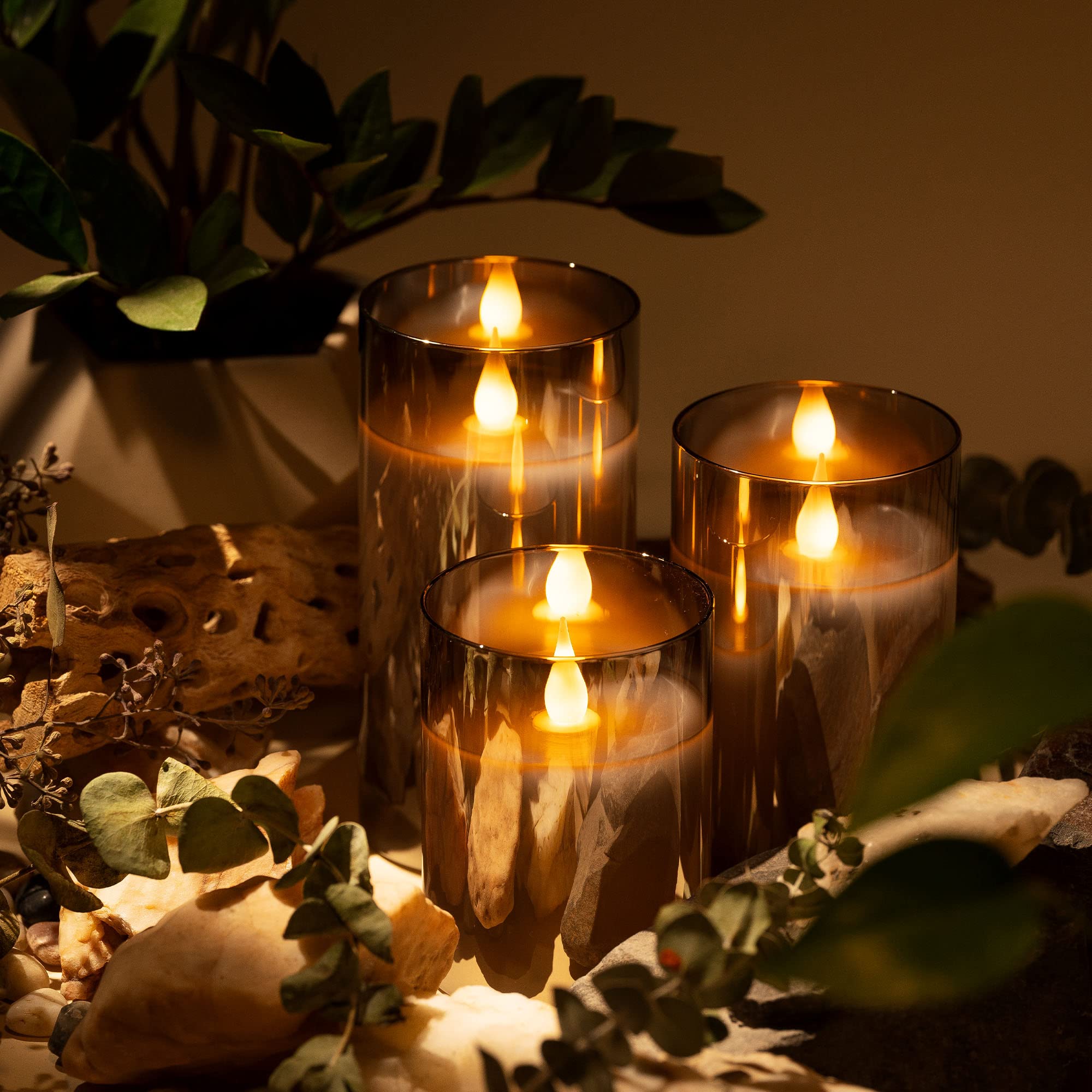 Wyzworks Silver Gray Metallic Led Tinted Glass Mirrored Flickering Flameless Pillar Candles, Set Of 3 W/Remote Control, Timer, R