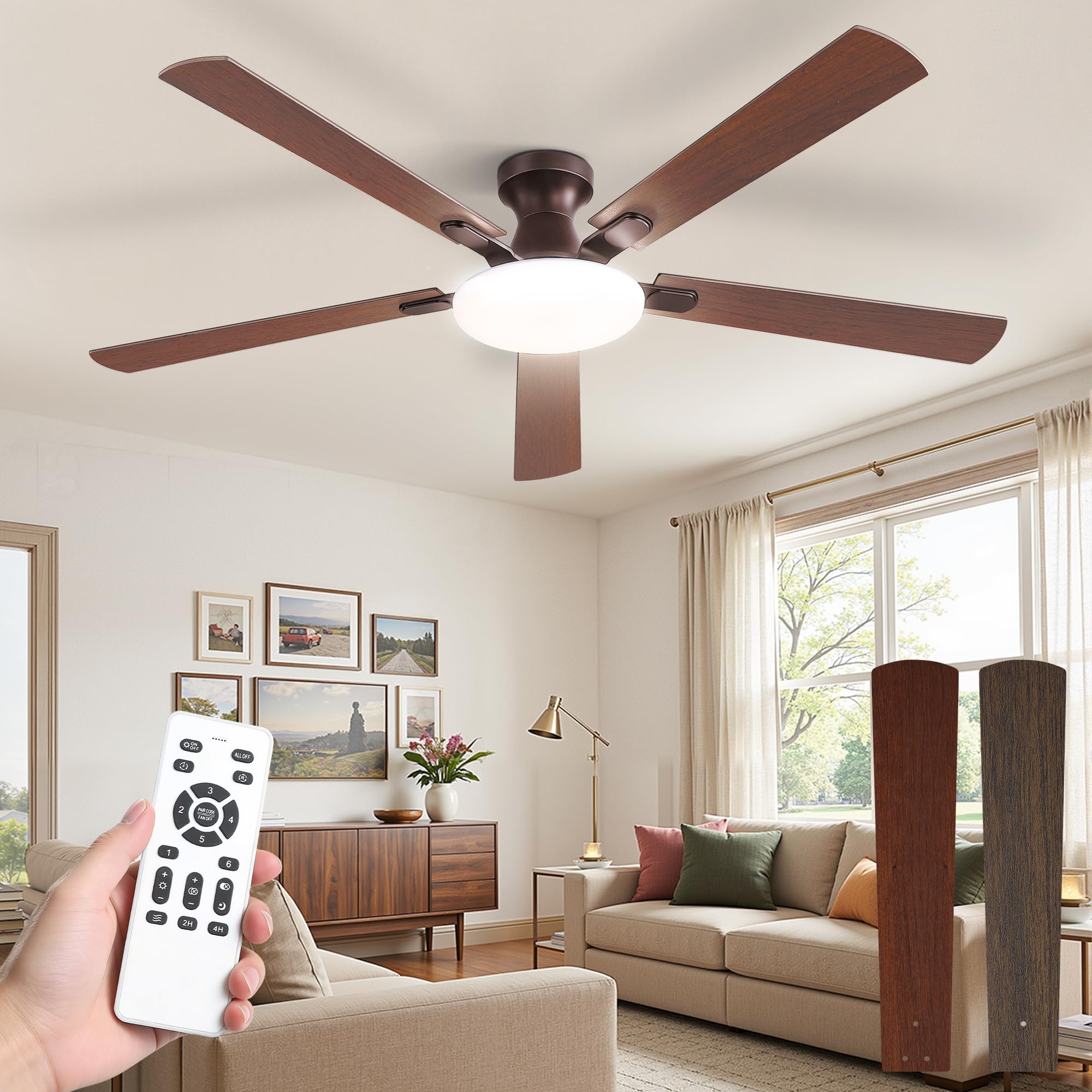 60 Inch Ceiling Fan with Lights and Remote, 30W 12 LED Panel Flush Mount Ceiling Fan, 6-Speed Quiet DC Motor Modern Low Profile 