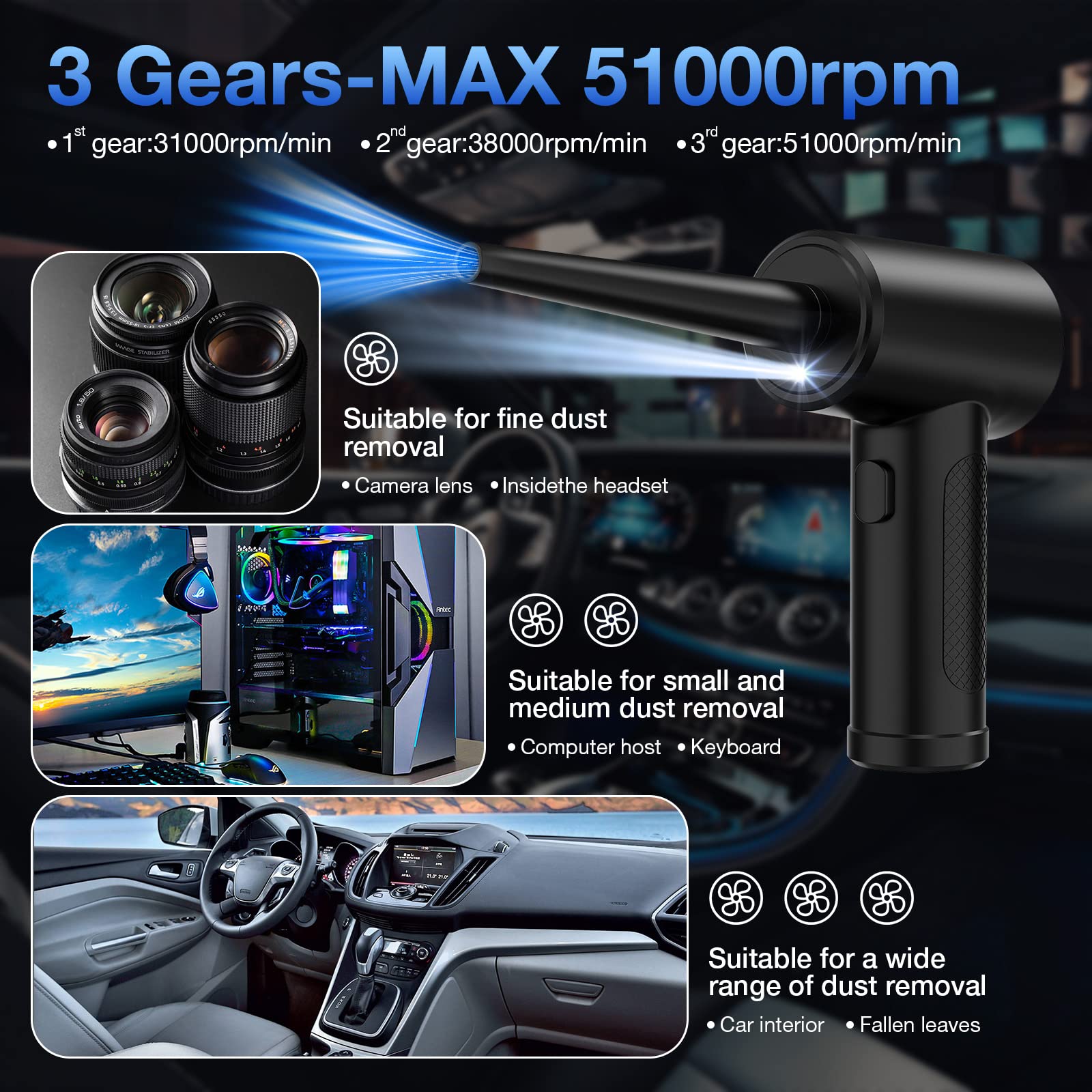 Compressed Air Duster, 3 Gear To 51000Rpm Cordless Electric Air Duster, 6000Mah Rechargeable Air Blower With Led Light For Lapto