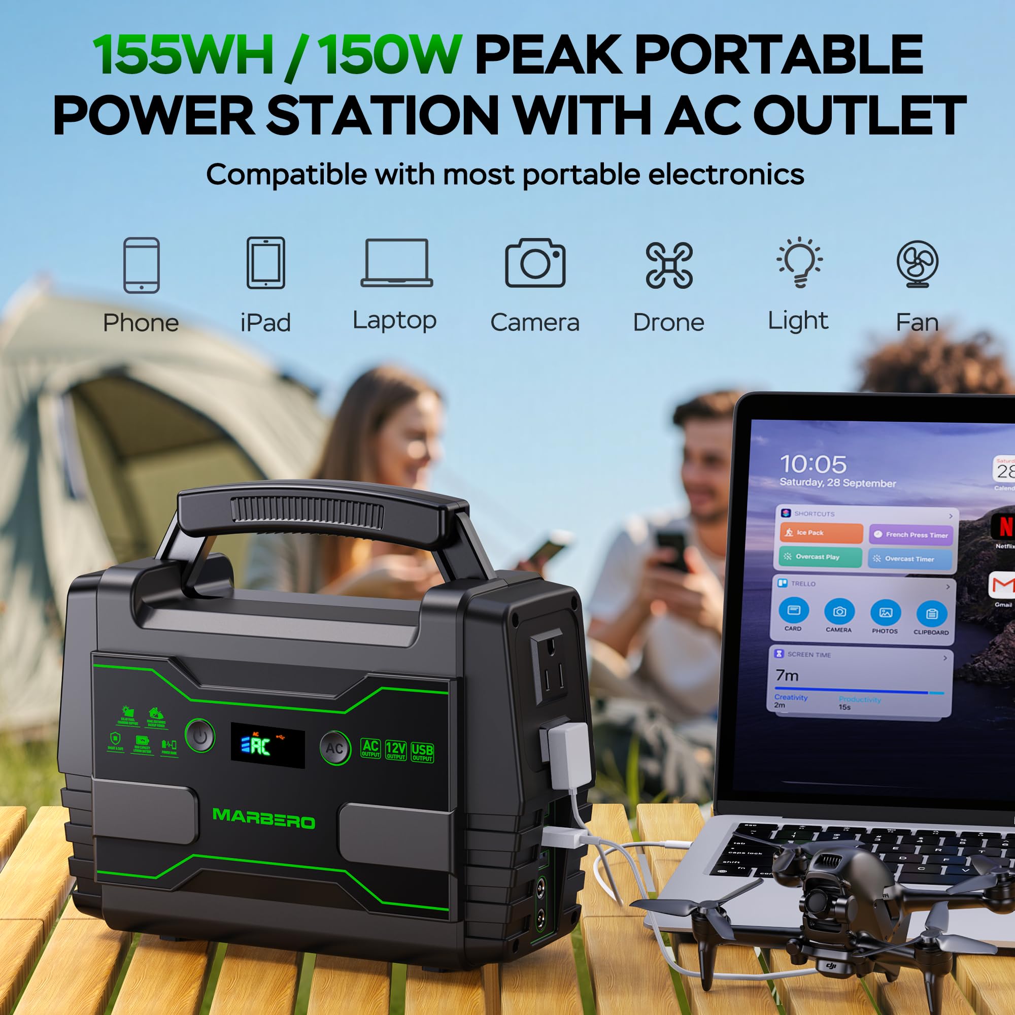 Marbero Portable Power Station 155Wh Camping Solar Generator 100W With Ac Dc And Usb Outputs Led Fast Charge For Outdoor Adventu
