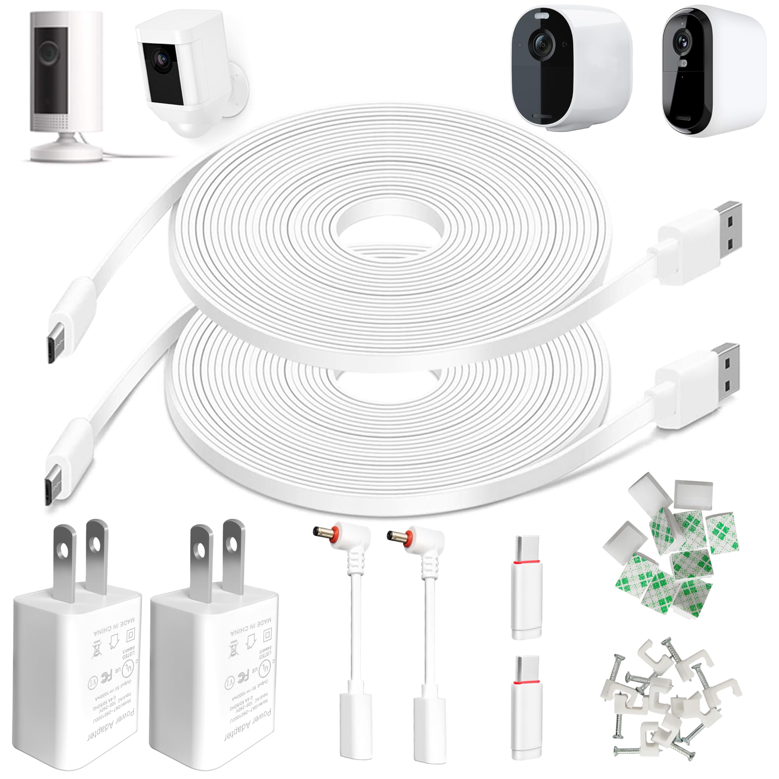 26Ft Flat Power Cord With Adapter For Ring Camera, Ring Spotlight Cam Plus/Pro/Battery, Ring Stick Up Cam Battery,Arlo Essential