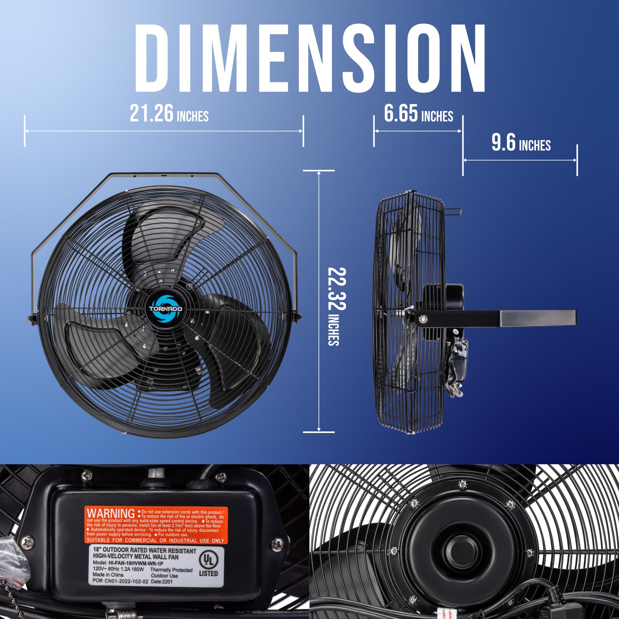 Tornado 18 Inch Outdoor Ipx4 Water-Resistant Wall Mounted Fan, 3 Speed High Velocity Metal Industrial Wall Fan For Commercial, R