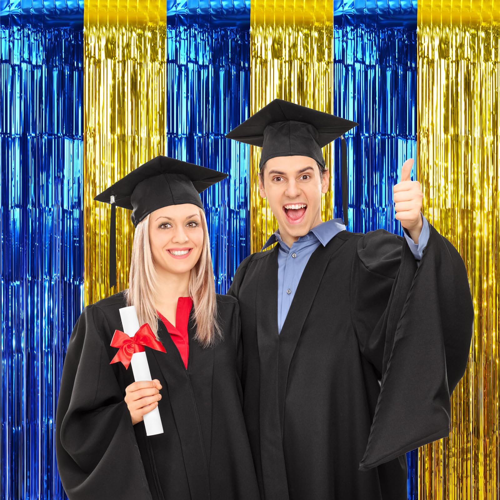 3 Pack 3.3Ft X 6.6Ft Graduation Foil Fringe Curtain Backdrop Decorations, Blue Gold Metallic Tinsel Foil Streamers Curtain Photo