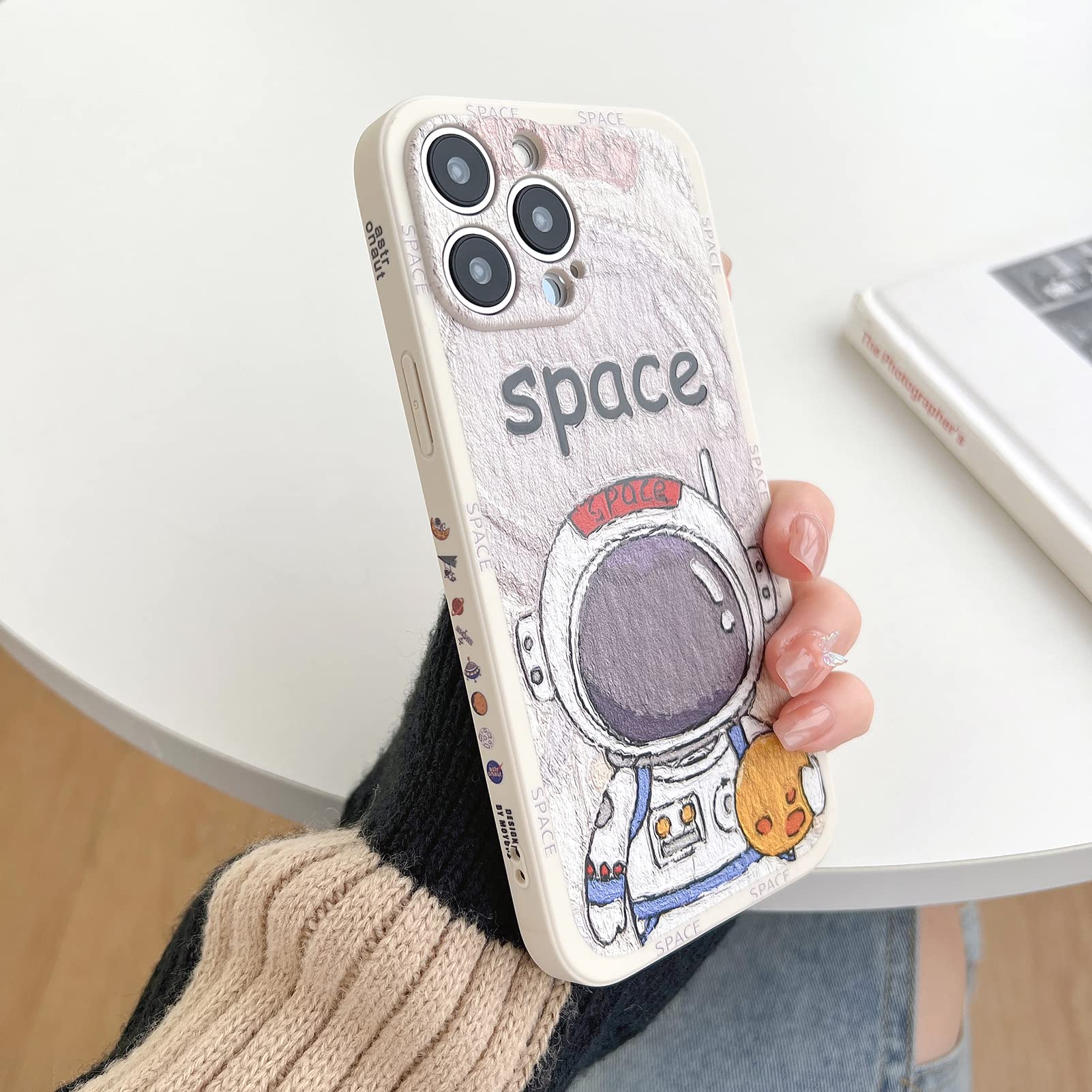 Yonds Queen Cell Phone Case for iPhone 12 Cartoon Astronaut Space Moon Planet Design Shockproof TPU Draw White