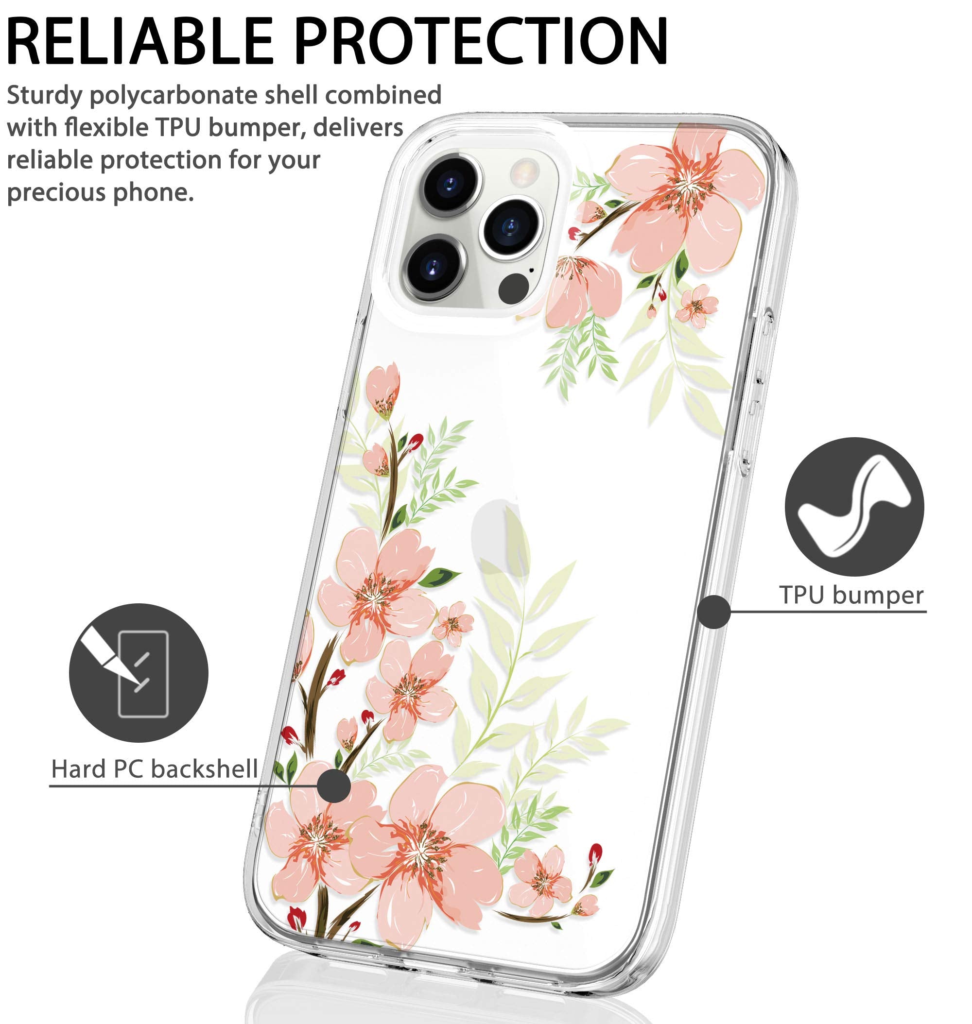 Baisrke Compatible With Iphone 12 Case,Iphone 12 Pro Case With Flowers,For Girly Women,Shockproof Floral Pattern Hard Back Cover