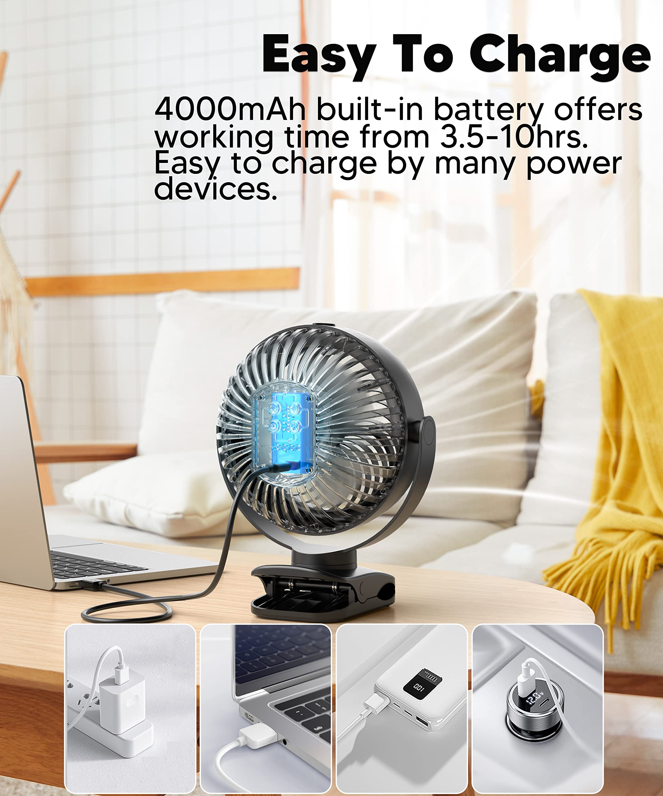 Tyzu 7 Inch Portable Fan Clip On Fan, 4000 Mah Battery Operated Fan, Outdoor Misting Fan With 2 Mist Modes & 4 Speeds & Timer, 1