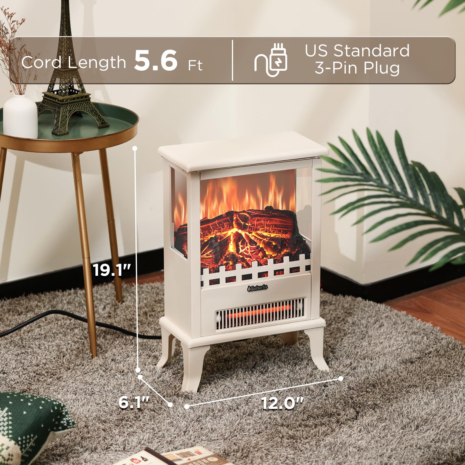 19'' 1500W Infrared Electric Fireplace Stove, 3 Sided View, Realistic Flame, Overheat Protection, Csa Certified   For Small Spac