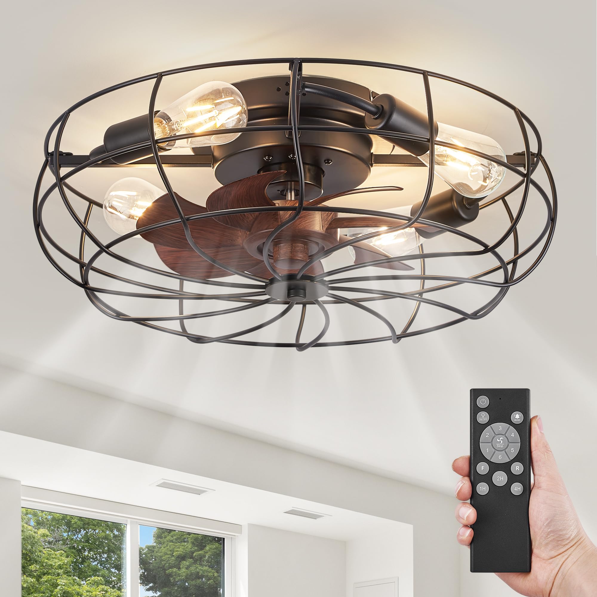 LEDIARY 20 Caged Ceiling Fans with Lights and Remote, Flush Mount Bladeless Ceiling Fan Low Profile, Small Farmhouse Industrial 