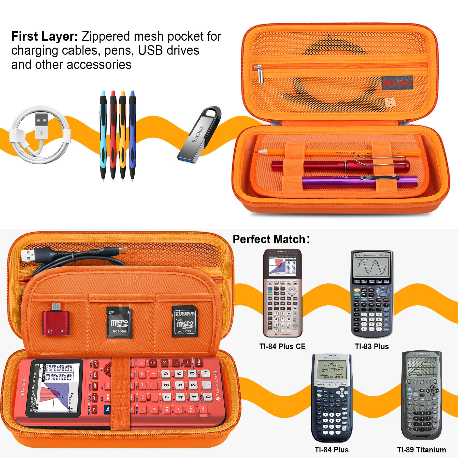 Elonbo Carrying Case For Texas Instruments Ti 84 Plus Ce/Ti 84 Plus/Ti 83 Plus/Ti 83 Plus Ce Color Graphing Calculator, Extra Mesh Pocket Fits Charging Cable Charger Manual, Orange