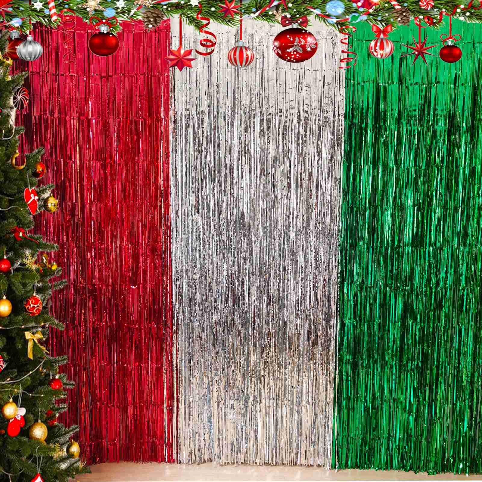 Christmas Foil Fringe Curtain  3 Pack Of 3.2X8.2Ft Red Silver Green Tinsel Fringe Backdrop Streamers For Christmas Ugly Sweater