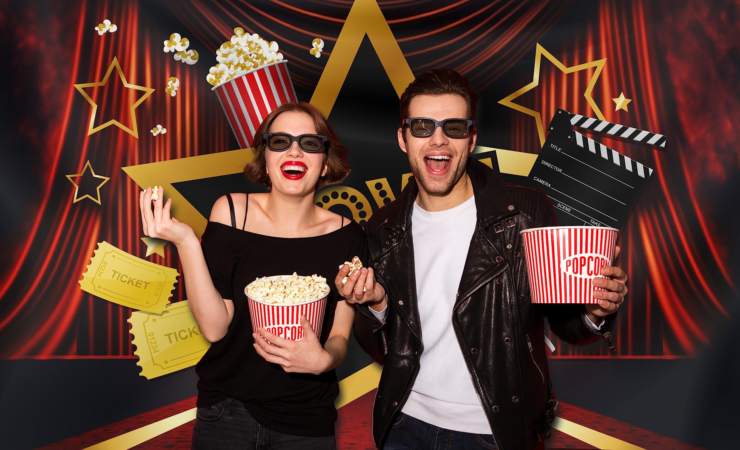 Movie Night Party Backdrop   Cinema Theme Photography Background Birthday Supplies Black Red Banner Showing Hollywood Popcorn Dr