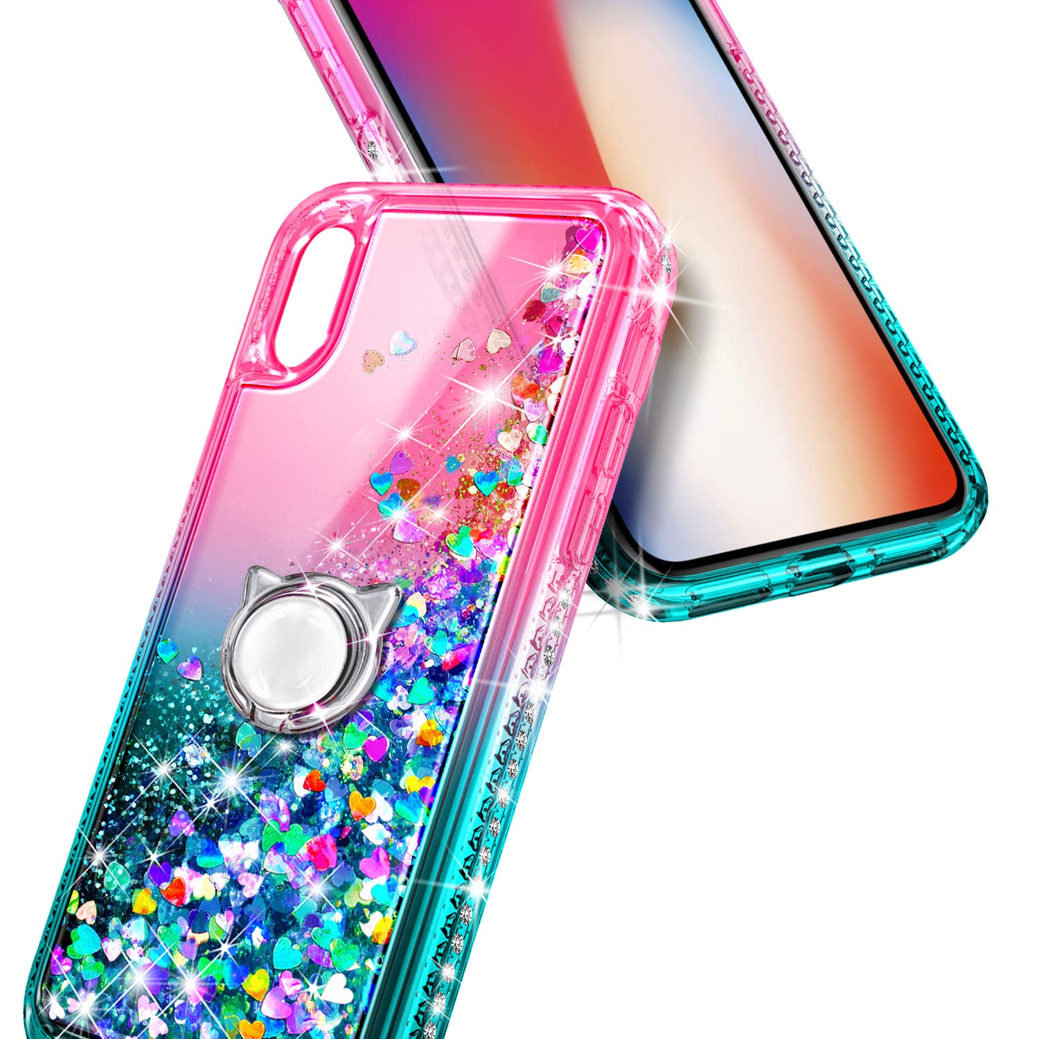 Ngb Case For Iphone Xs Max With Tempered Glass Screen Protector, Ring Holder/Wrist Strap, Girls Women Liquid Bling Sparkle Flowi