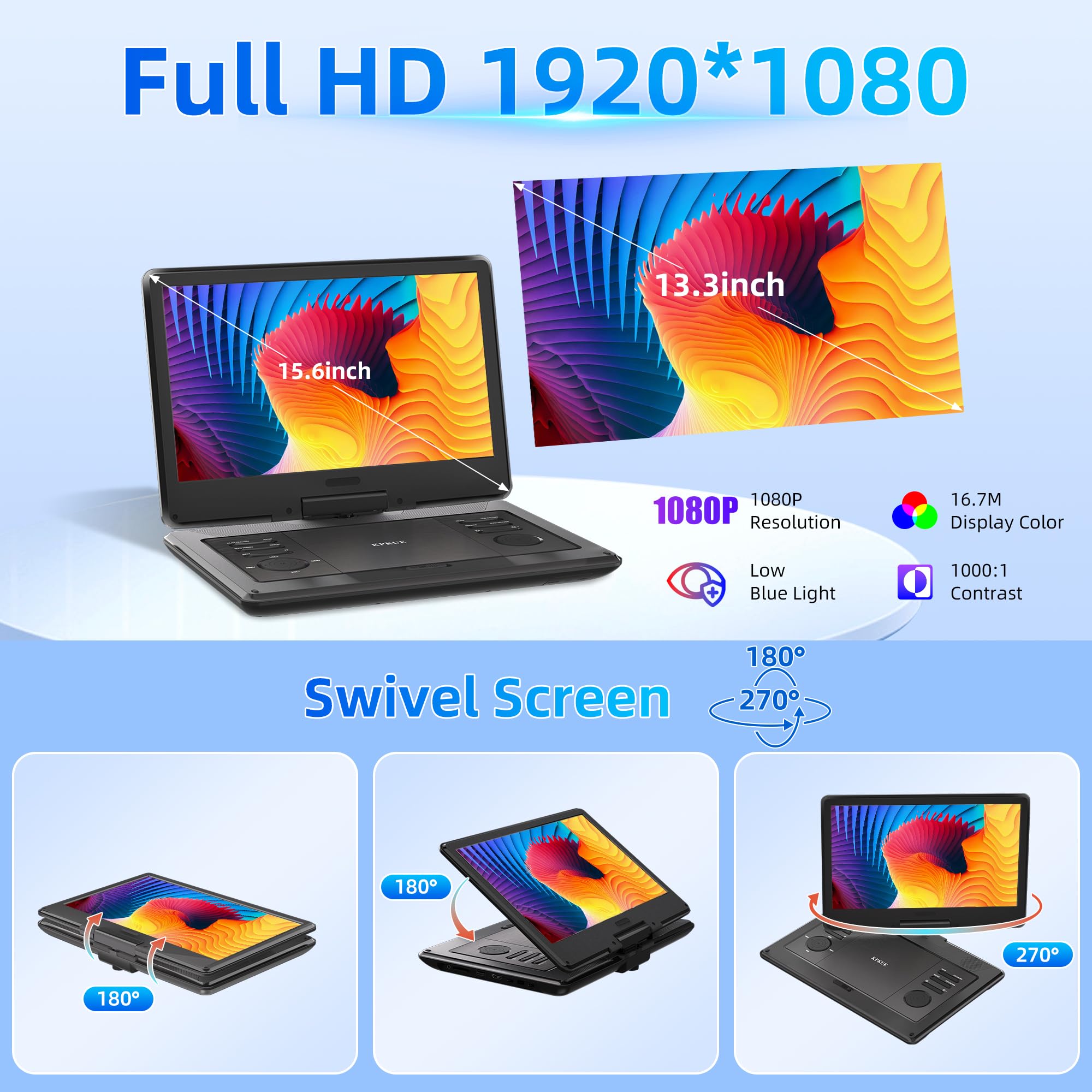 Kpkue 15.6'' Fhd Portable Dvd Player With 13.3'' Swivel Screen, 1920 * 1080P Car Player For Kids, 4 Hours Rechargeable Battery S