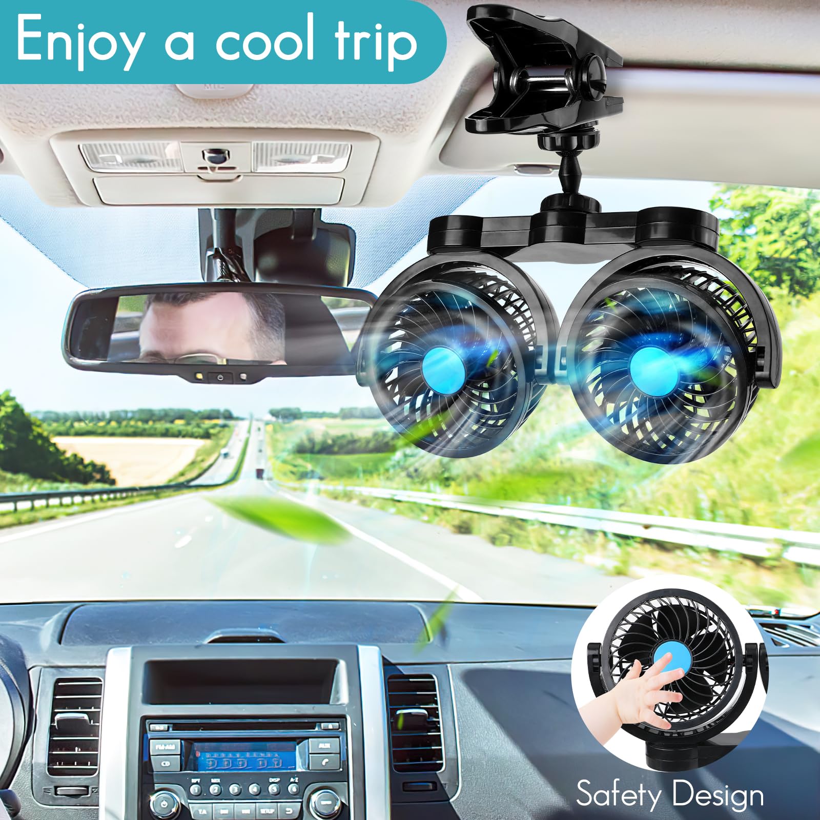 Car Fan 12V, Dual Head 4 Inches Clip Fan For Car 360 Rotatable Car Cooling Fan For Front/Back Seat Passenger, Adjustable Car Coo