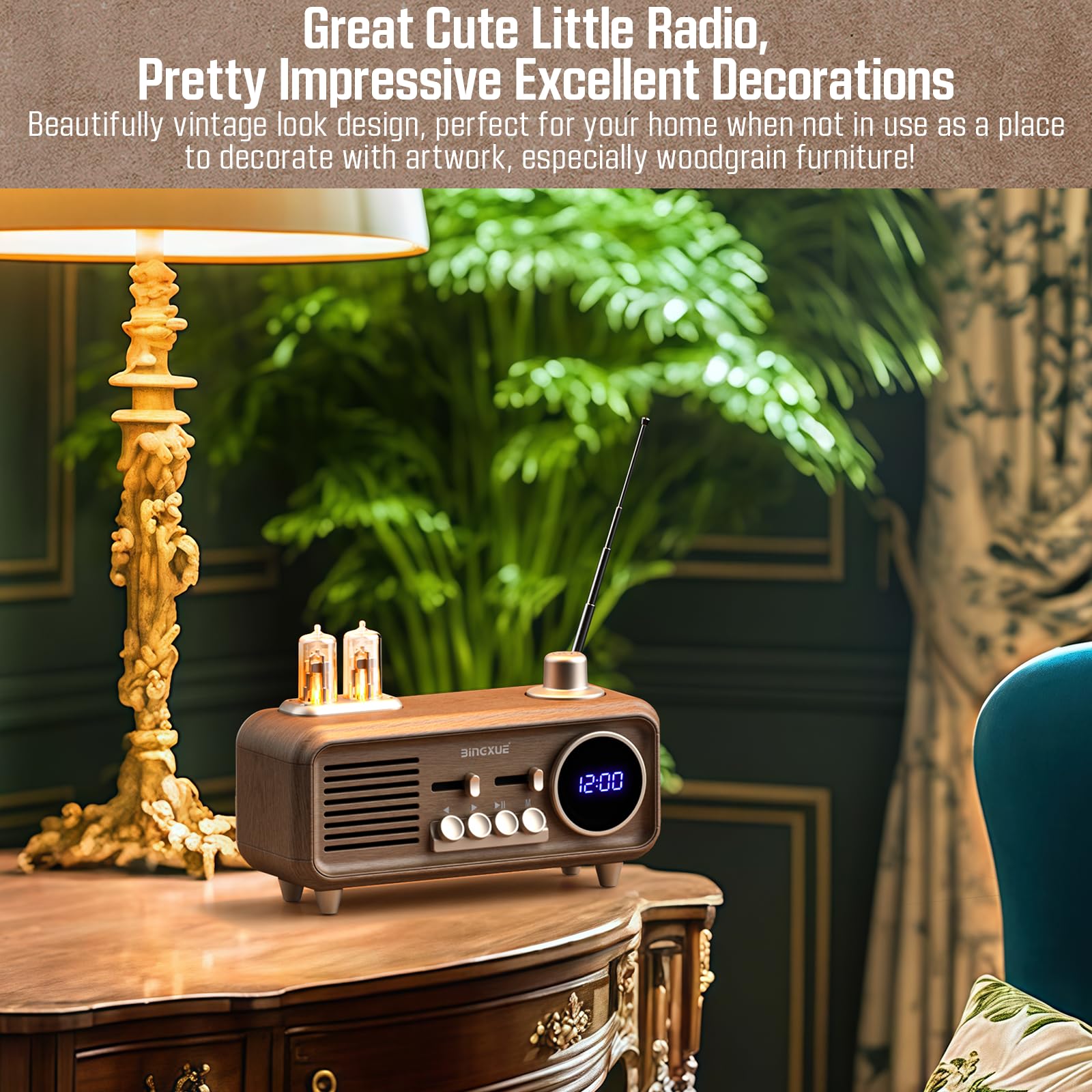 Portable Vintage Fm Radio With Clock, Retro Bluetooth Speaker Radios With 2 Warm Light, Toggle 12/24 H Display, Strong Reception