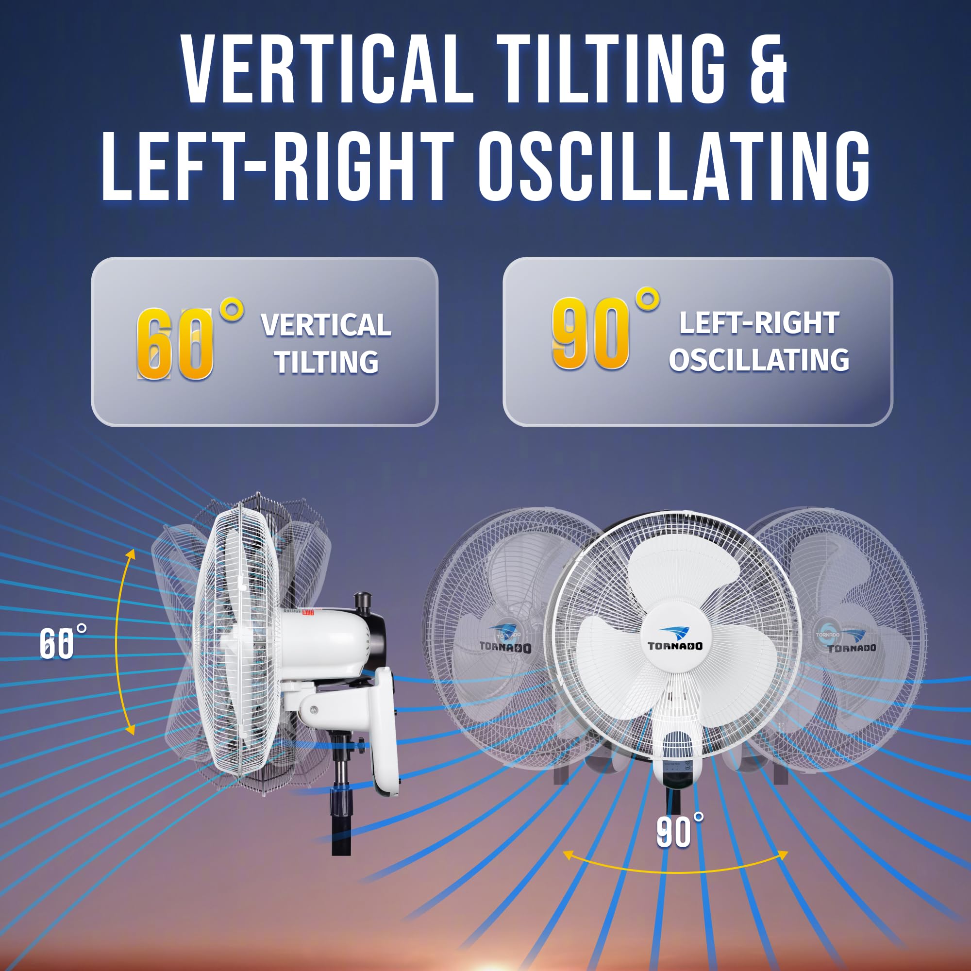 Tornado 16 Inch 3 Speed Oscillating Wall Mount Fan For Home, Remote Control Included, Adjustable Tilt 2650 Cfm 6 Ft Cord Ul Safe