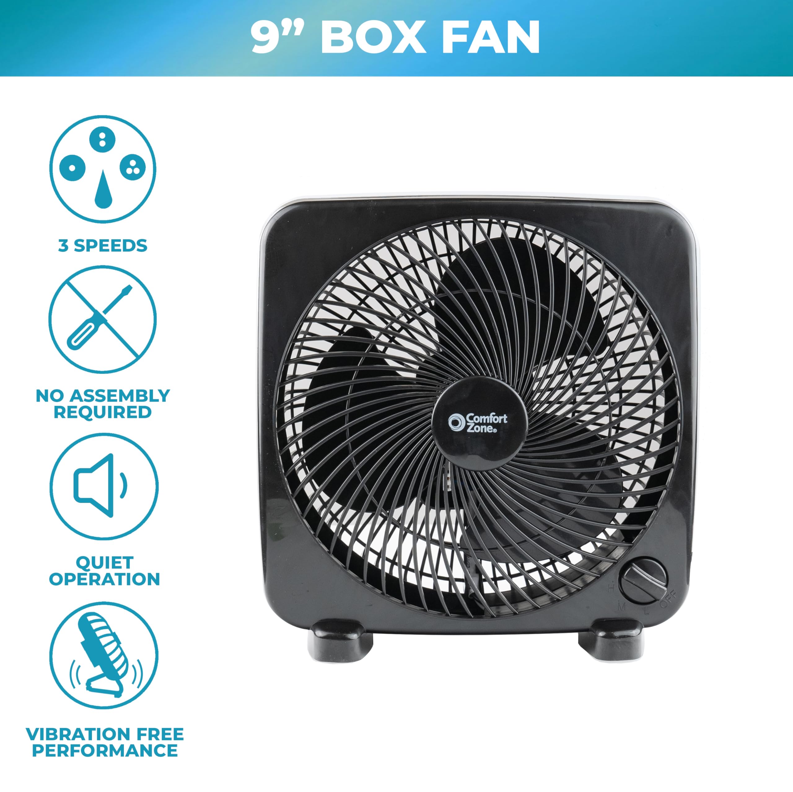 Comfort Zone Box Fan, 9 Inch, Portable, Electric Quiet, 3 Speed, Small Box Fan, Desk Fan, Table Fan, Airflow 9.65 Ft/Sec, Ideal