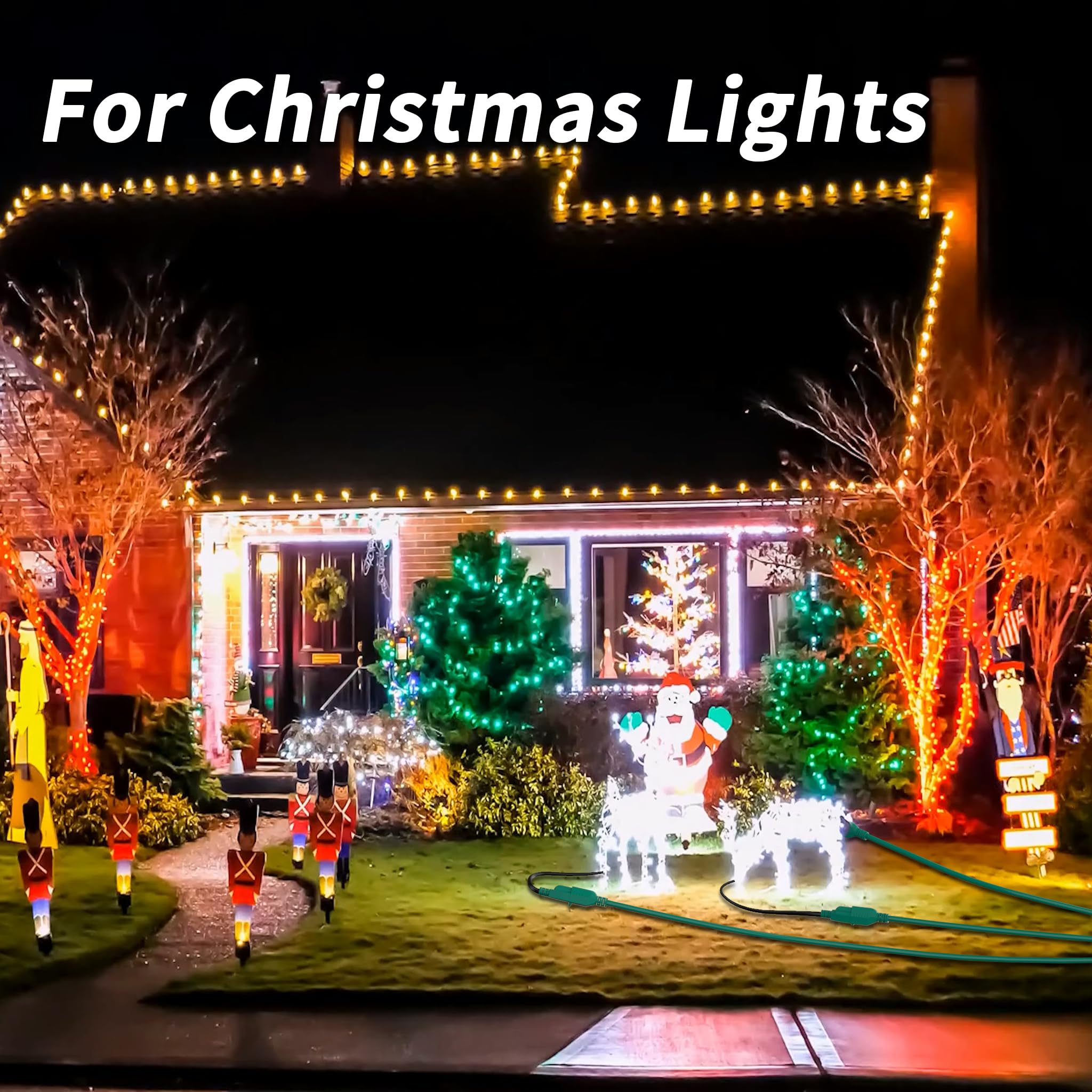 Plugsaf 1 To 3 Splitter Outdoor Extension Cord With Multiple Outlets; 25Ft Total (7+6+6+6) 13Ft End To End; 16/3 Sjtw Green Exte