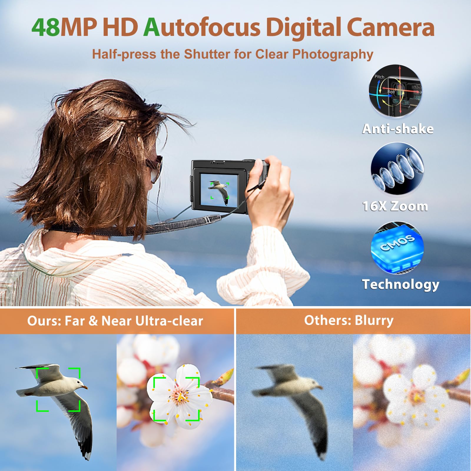 4K Digital Camera For Photography And Video, 48Mp Vlogging Camera With Sd Card Autofocus Anti Shake, 3'' 180 Flip Screen Digital