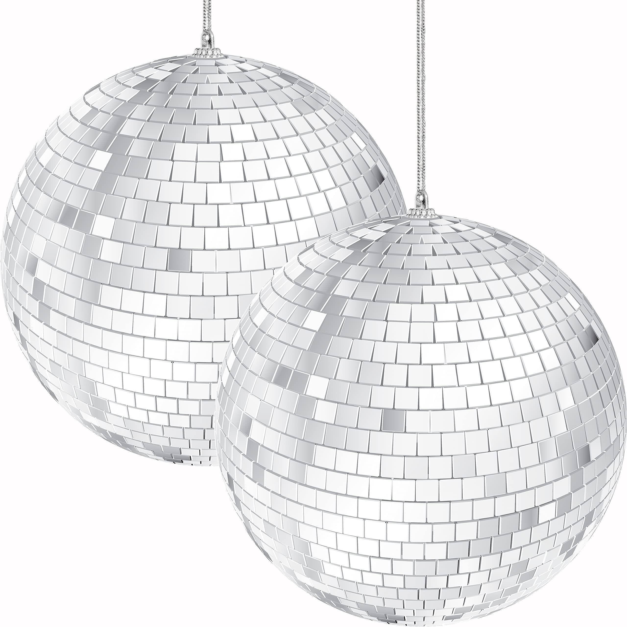 Mirror Disco Ball 5'' Inch Silver Hanging Ball With Attached String For Hanging, Reflects Light, Party Favor, 5'' (2 Pack)