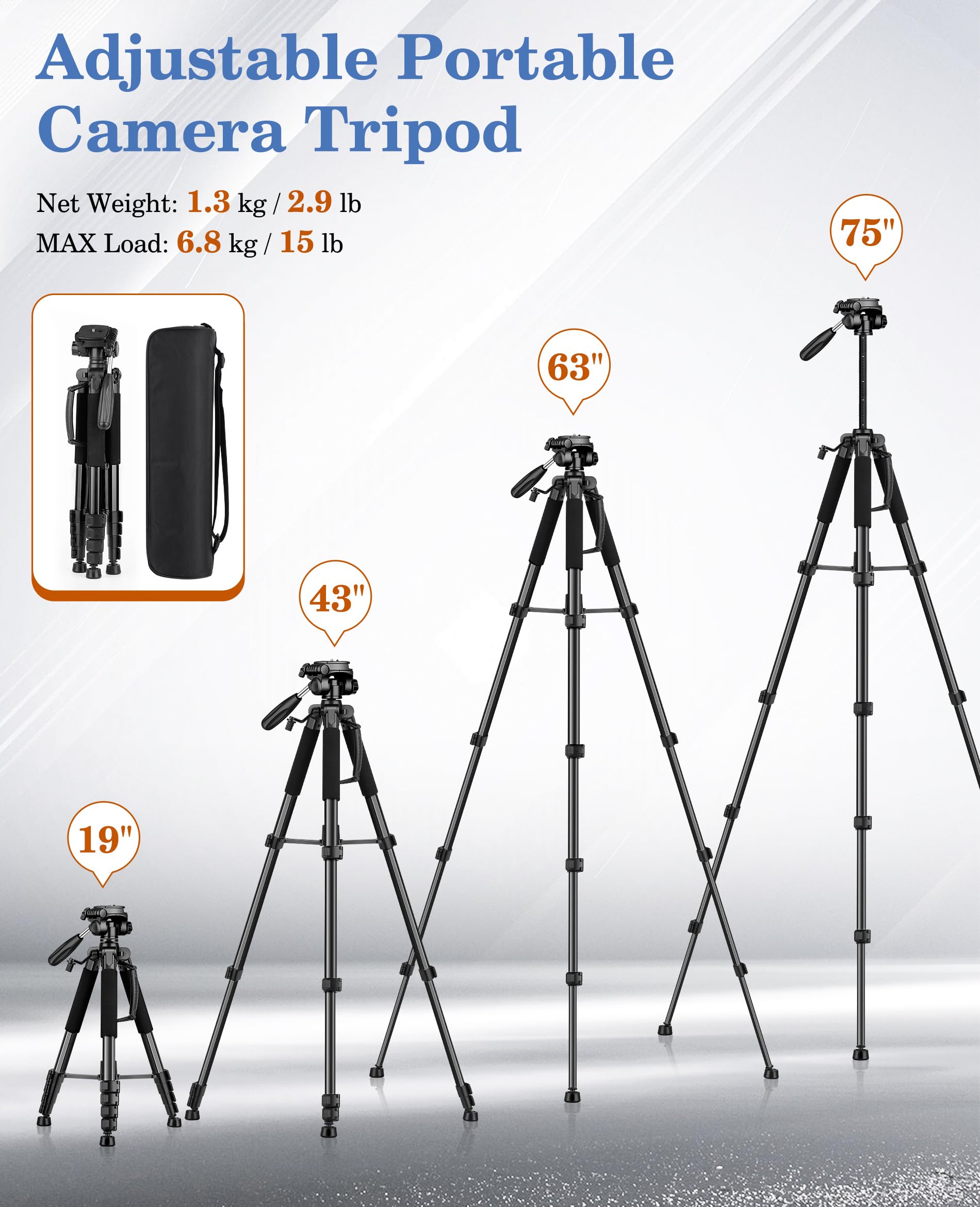 Joilcan 75'' Camera Tripod, Tripod For Camera Cell Phone, Aluminum Heavy Duty Tripods Stand, Tall Travel Tripod With Carry Bag C