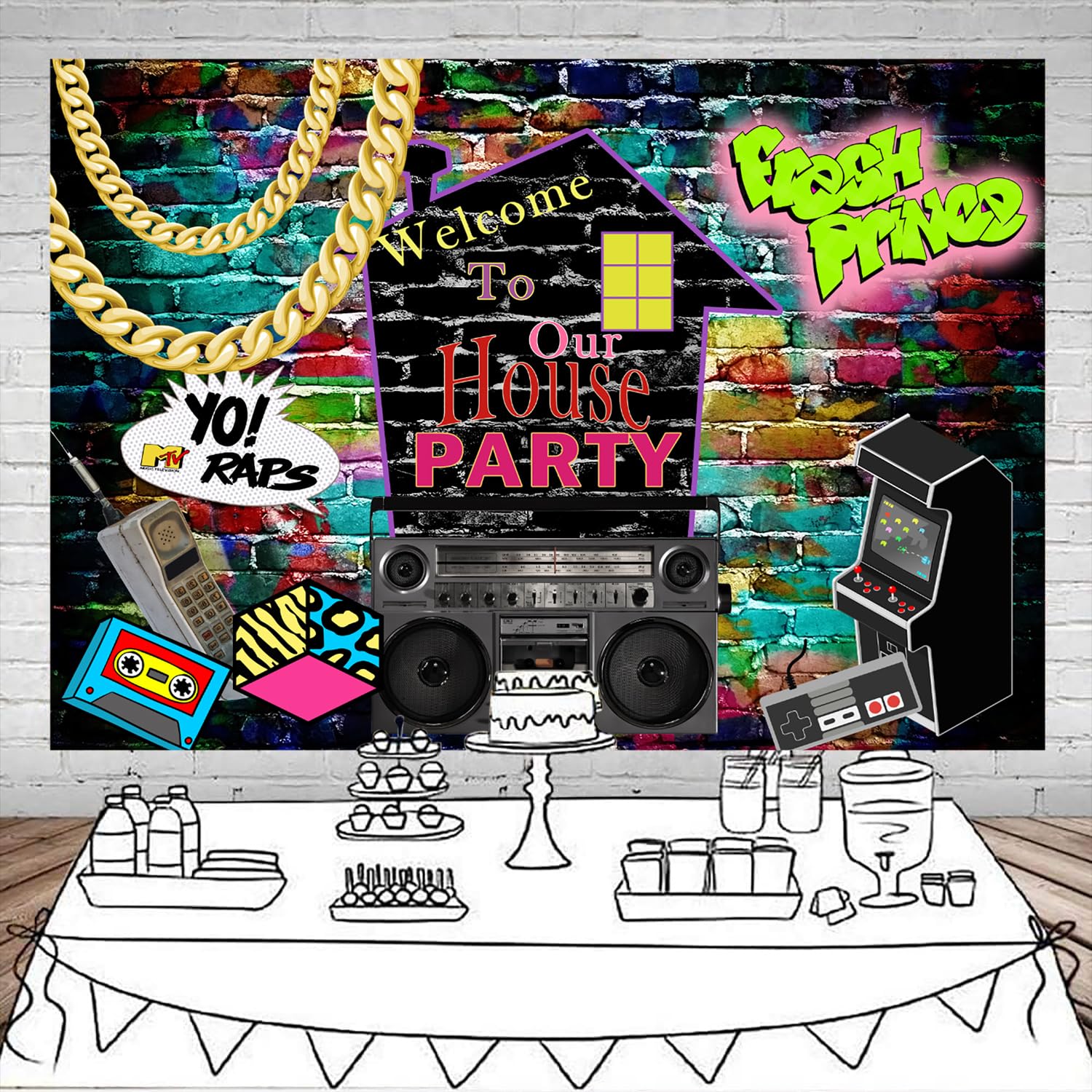 Mocsicka 90S House Party Backdrop Hip Hop 80'S 90'S Theme Party Decorations Graffiti Brick Wall Fresh Prince Retro Music Rock Punk 90S Background Banner Photo Studio Props(7X5Ft)