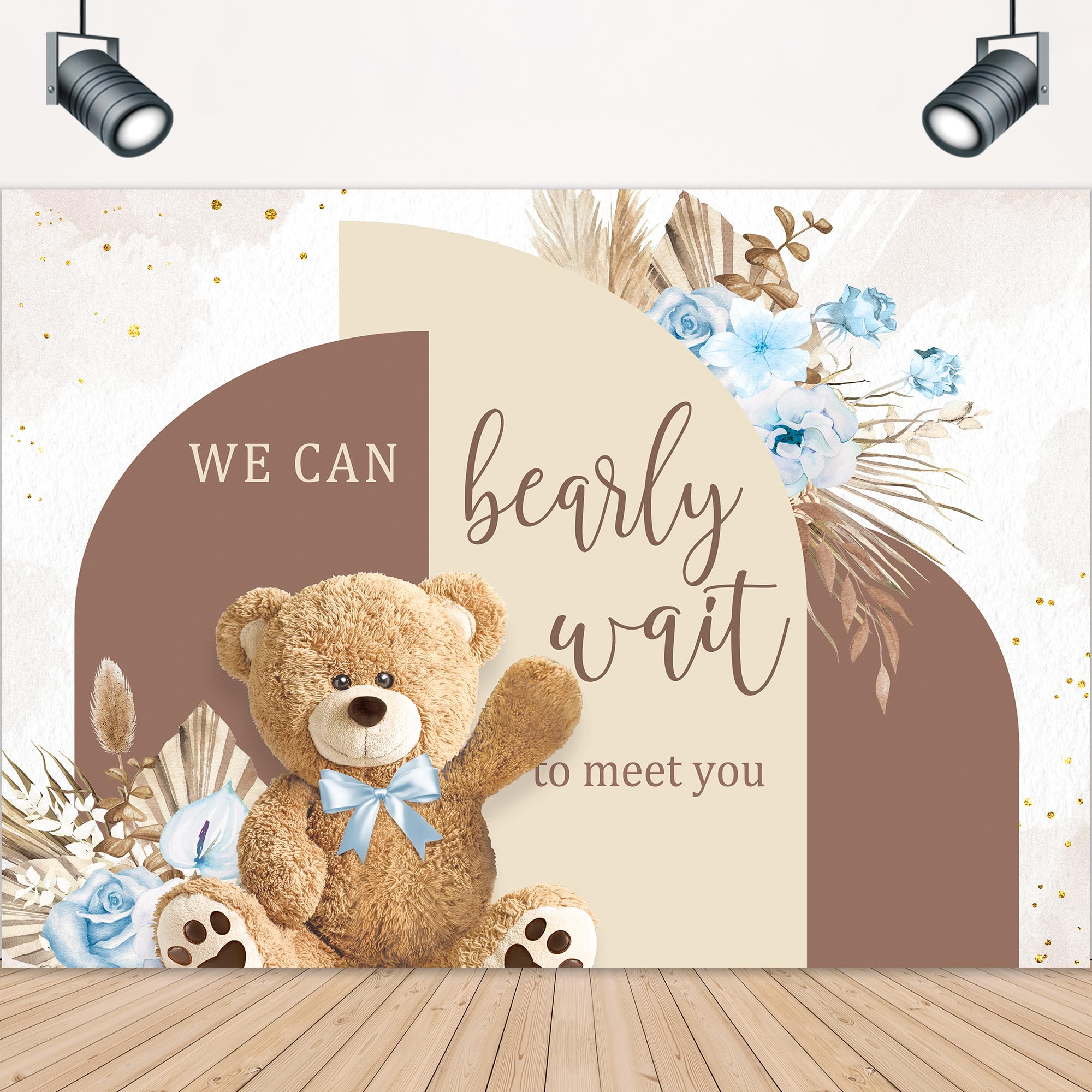 Lightinhome Bear Baby Shower Backdrop 7Wx5H Feet We Can Bearly Wait Cute Blue Brown Floral Pampas Grass Arch For Boys Kids Photo