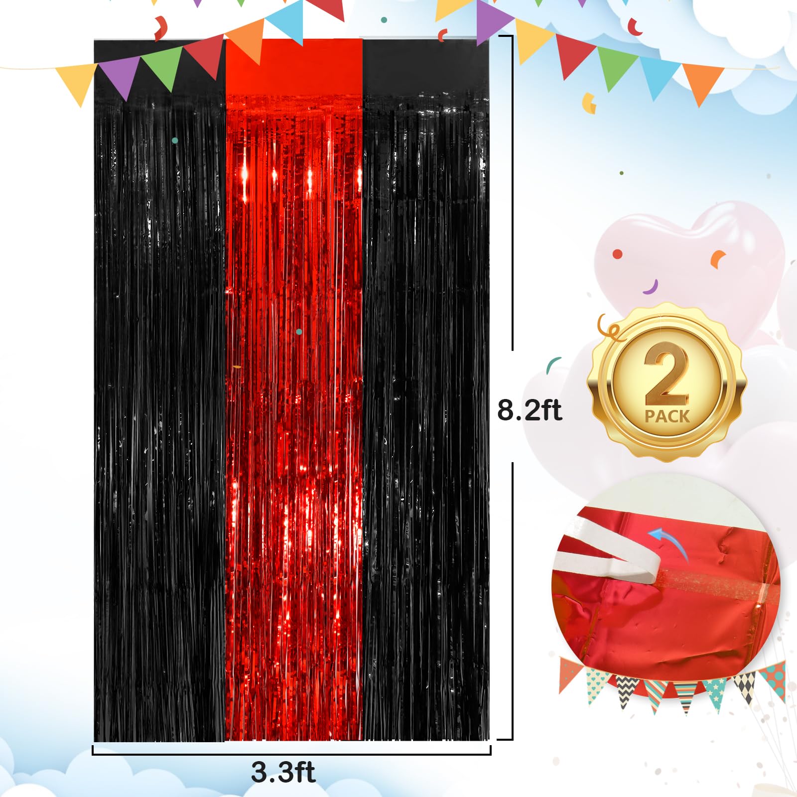 Black Red Fringe Curtain Party Streamers 2Pack 3.3X8.3 Ft Foil Fringe Backdrop Curtains For Birthday Wedding Bridal Baby Shower