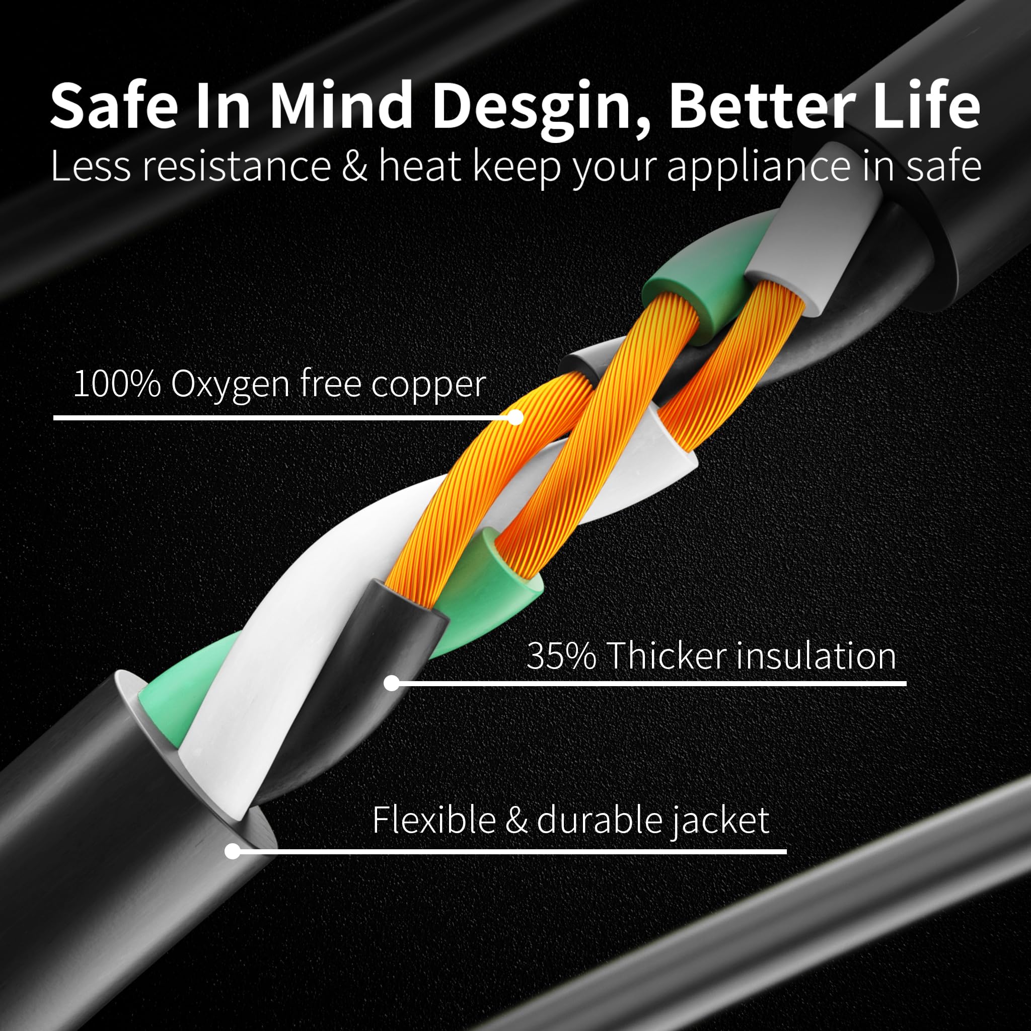 Huanchain 14 Gauge 15 Ft Flat Plug Extension Cord Black Indoor Outdoor, Heavy Duty 3 Prong Grounded Low Profile Extension Wire F