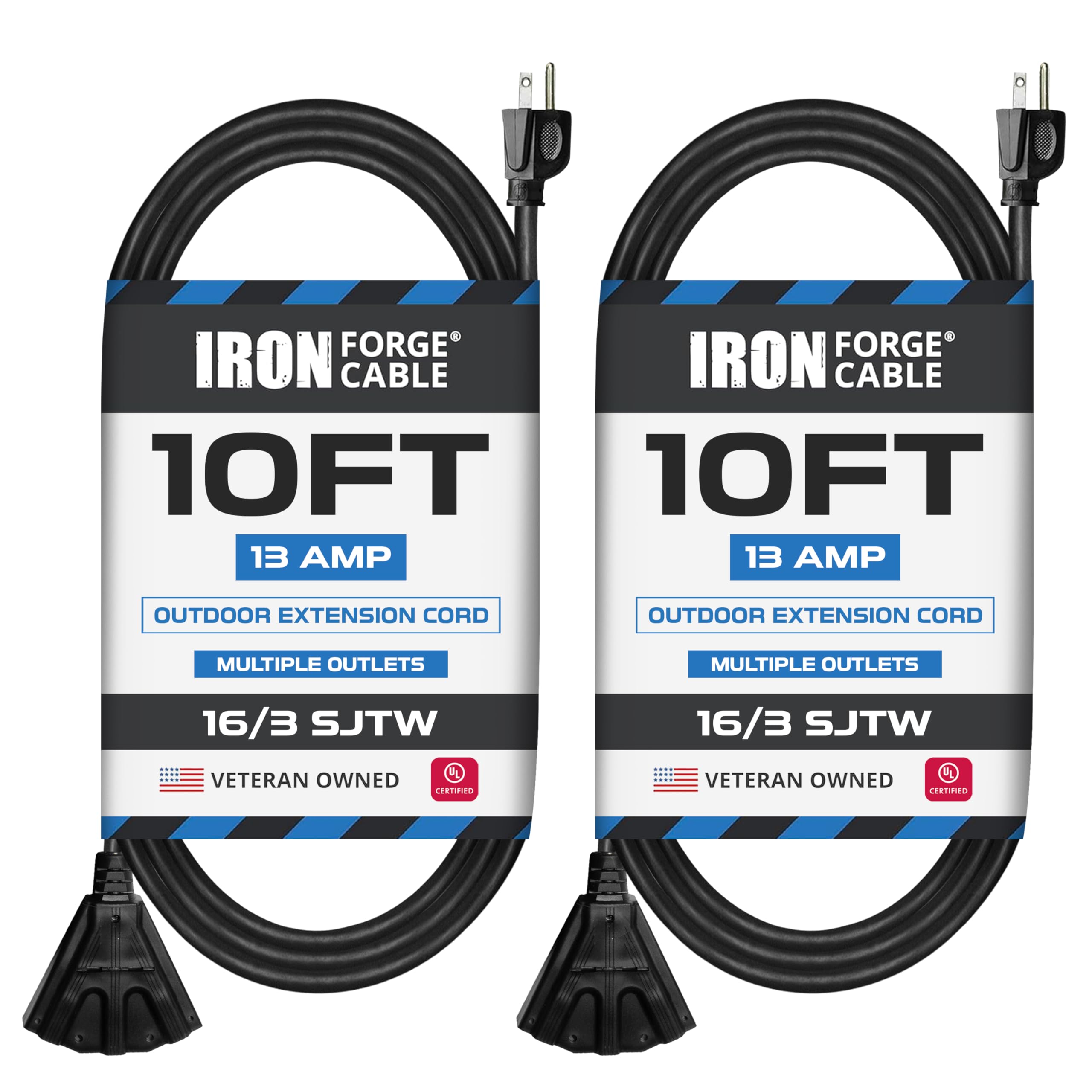 Iron Forge Cable 3 Outlet Outdoor Extension Cord 10 Ft, 2 Pack, 16/3 Sjtw Black Extension Cord With Multiple Outlets 3 Prong, 13