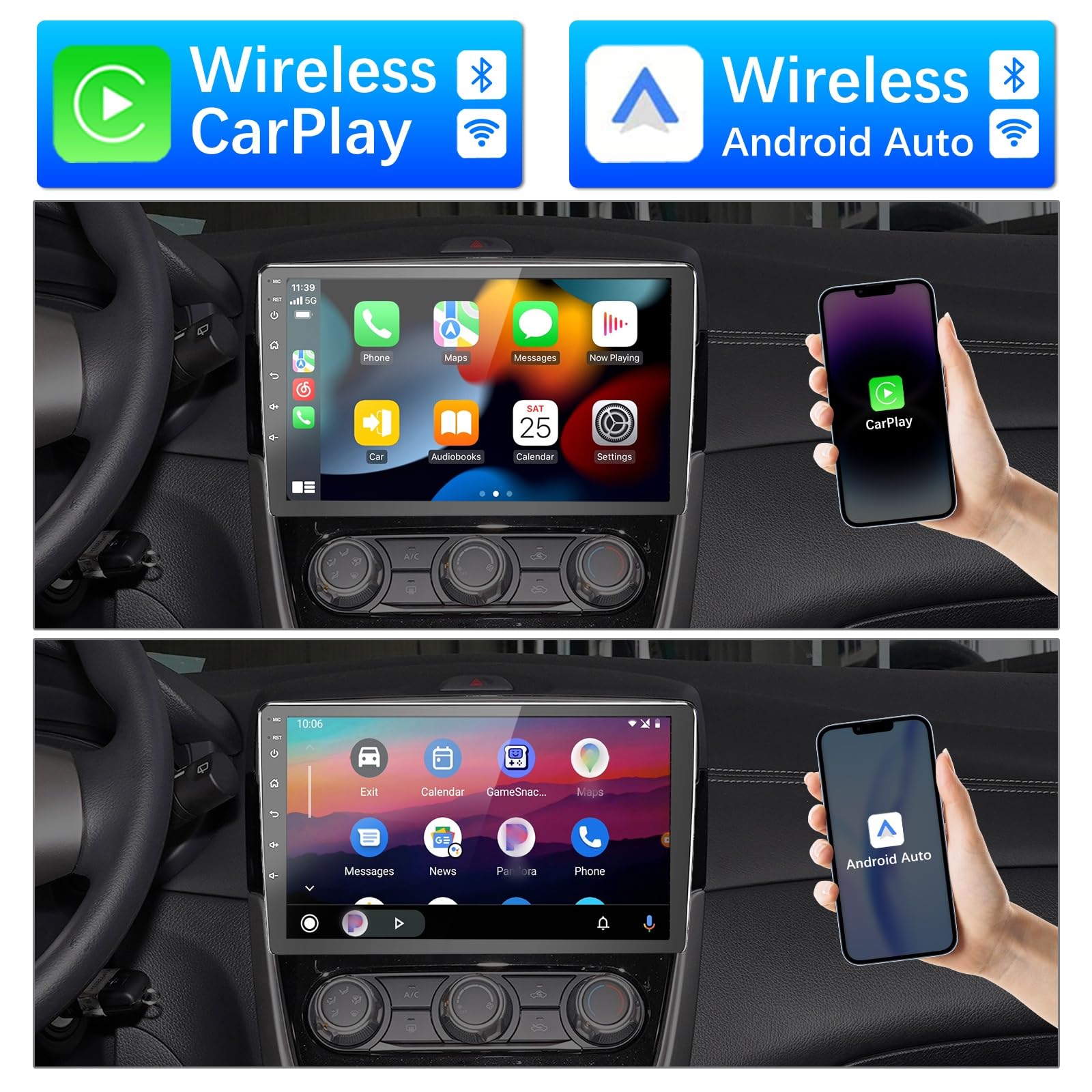 Binize Double Din Car Stereo Android System 10.1 Inch Car Radio With Wireless Carplay Android Auto Touch Screen Radio Head Unit