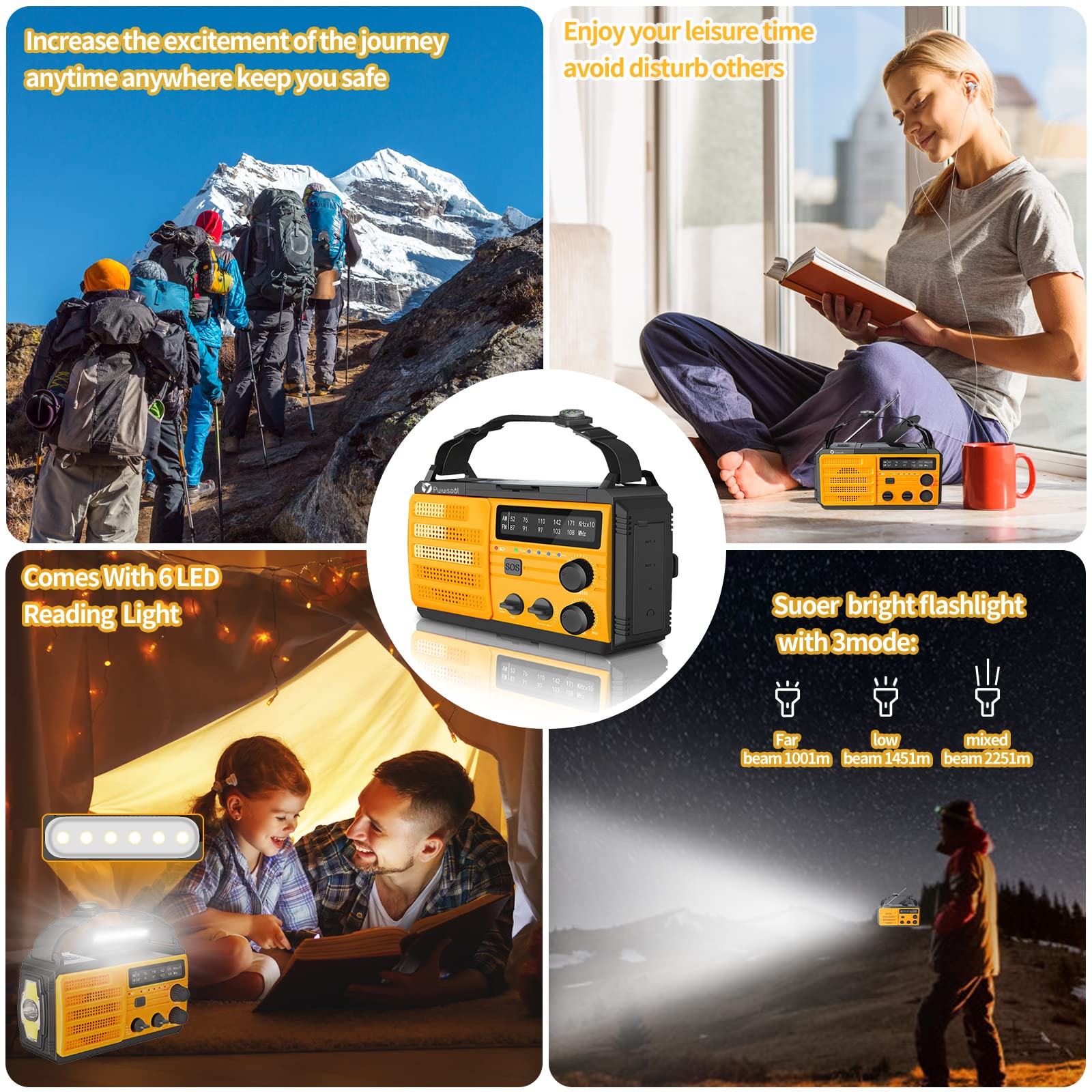 Emergency Radio,Puiuisoul 8000Mah Portable Weather Solar Radios With Hand Crank,Reading Lamp,3 Gear Led Flashlight,Sos Alarm,Am/