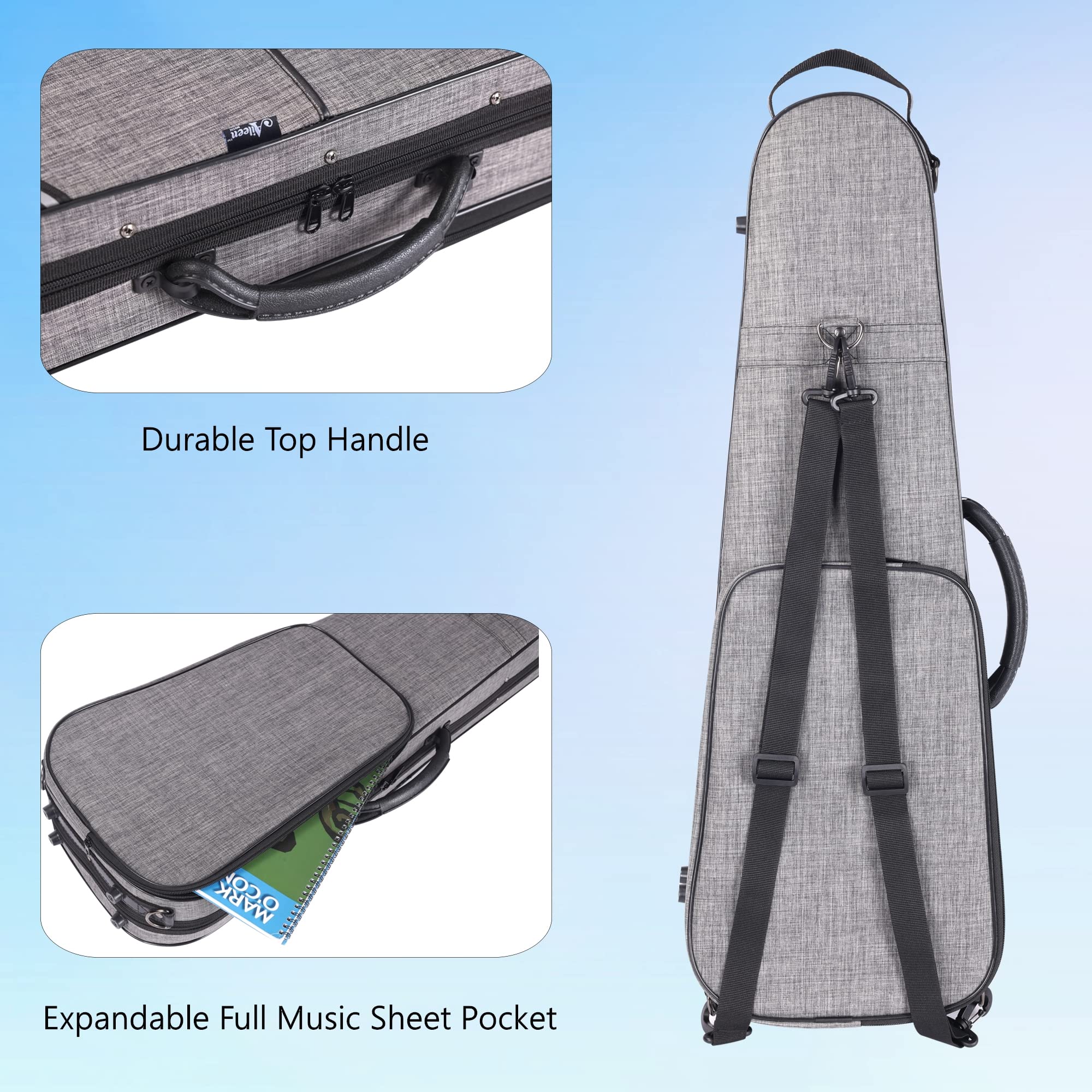 Aileen Csv502 Basic Professional 4/4 Full Size Violin Case Triangular Hard Shell Lightweight, Gray