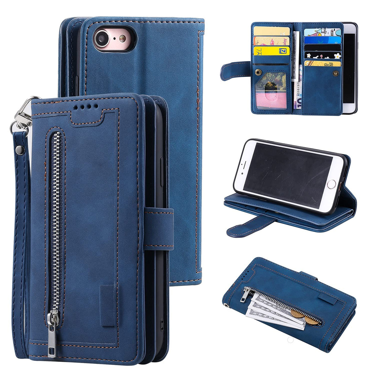 Ueebai Wallet Case For Iphone Se 2022 5G/Iphone 7/Iphone 8/Iphone Se 2020, Retro 9 Card Slots Zipper Pocket Handbag Case Pu Leat