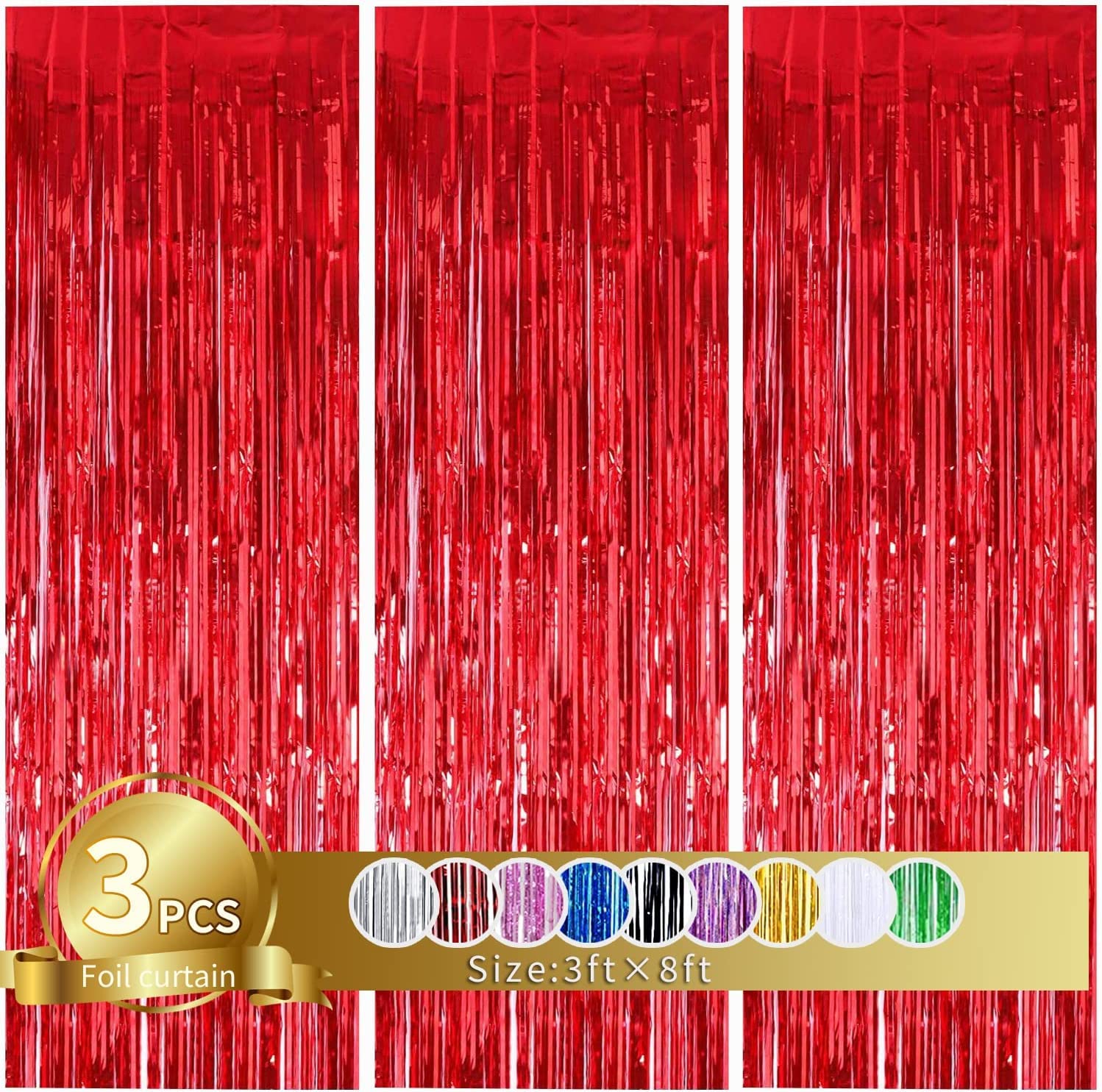 Toniful 3Pcs Red Door Streamers,Red Photo Booth Backdrop Metallic Streamers Red Foil Fringe Curtains For Birthday,Christmas,New