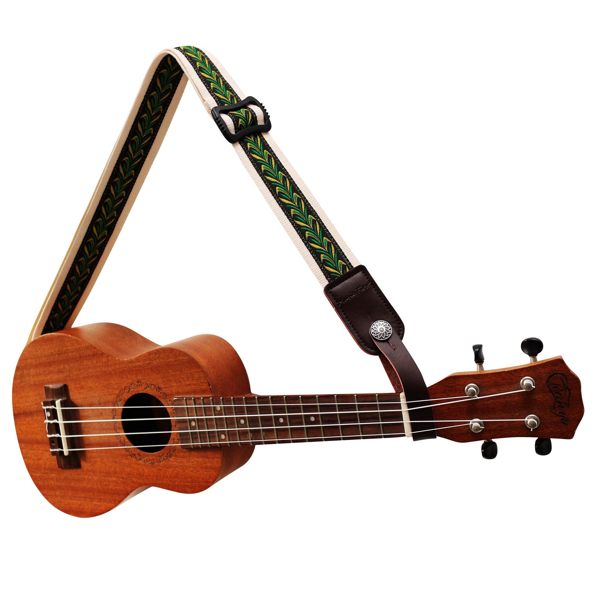 Music First Original Design Vintage Green Label Soft Meshbelt & Genuine Leather Ukulele Strap Ukulele Shoulder Strap With A Genu