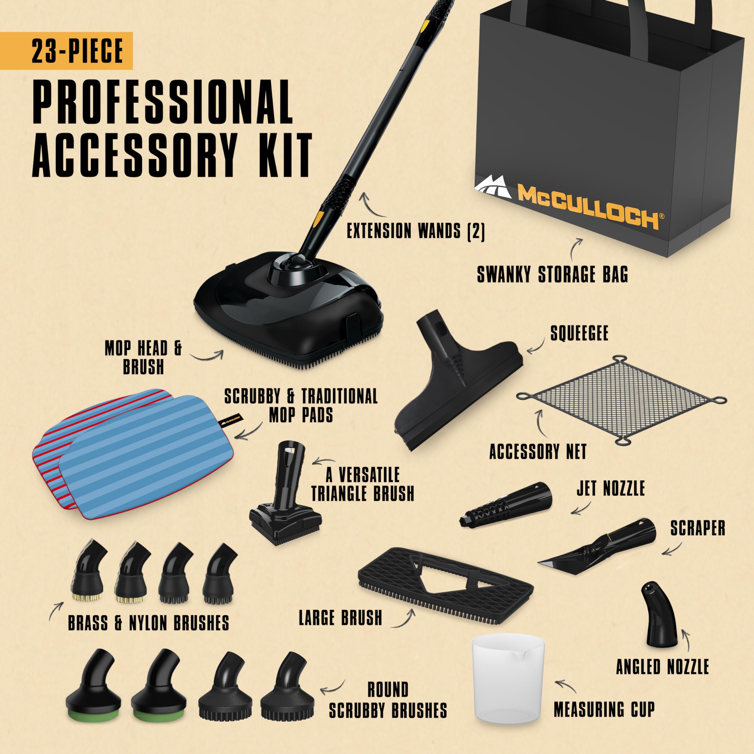 Mcculloch Mc1385 Deluxe Canister Steam Cleaner With 23 Accessories, Chemical Free Pressurized Cleaning For Most Floors, Counters