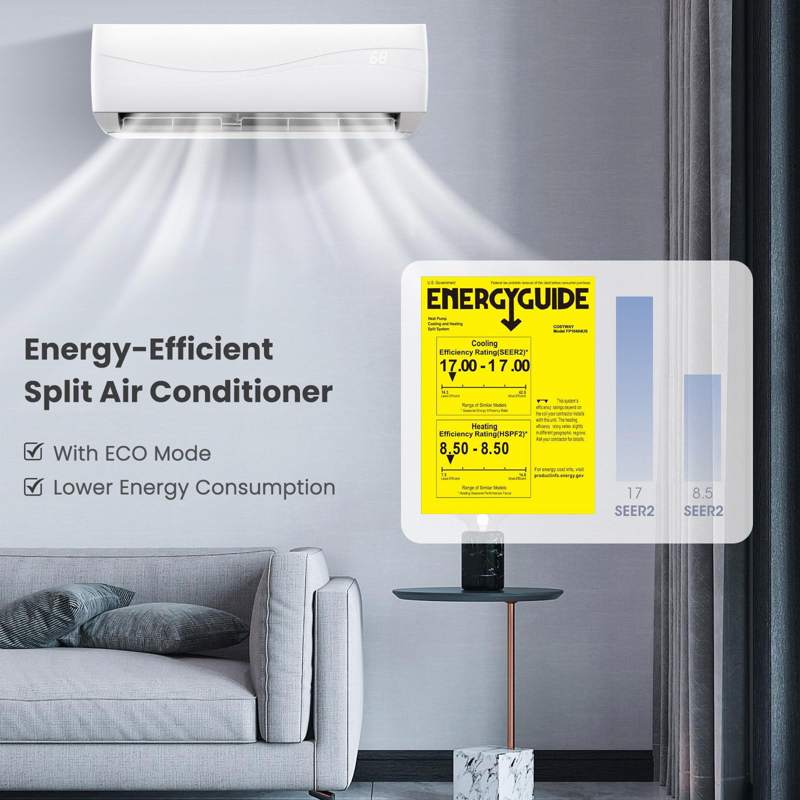 Costway 9000Btu Mini Split Air Conditioner& Heater, 17 Seer2 208 230V Wall Mounted Ductless Ac Unit Cools Rooms Up To 450 Sq. Ft, Energy Efficient Inverter Ac With Heat Pump (Blast Series)