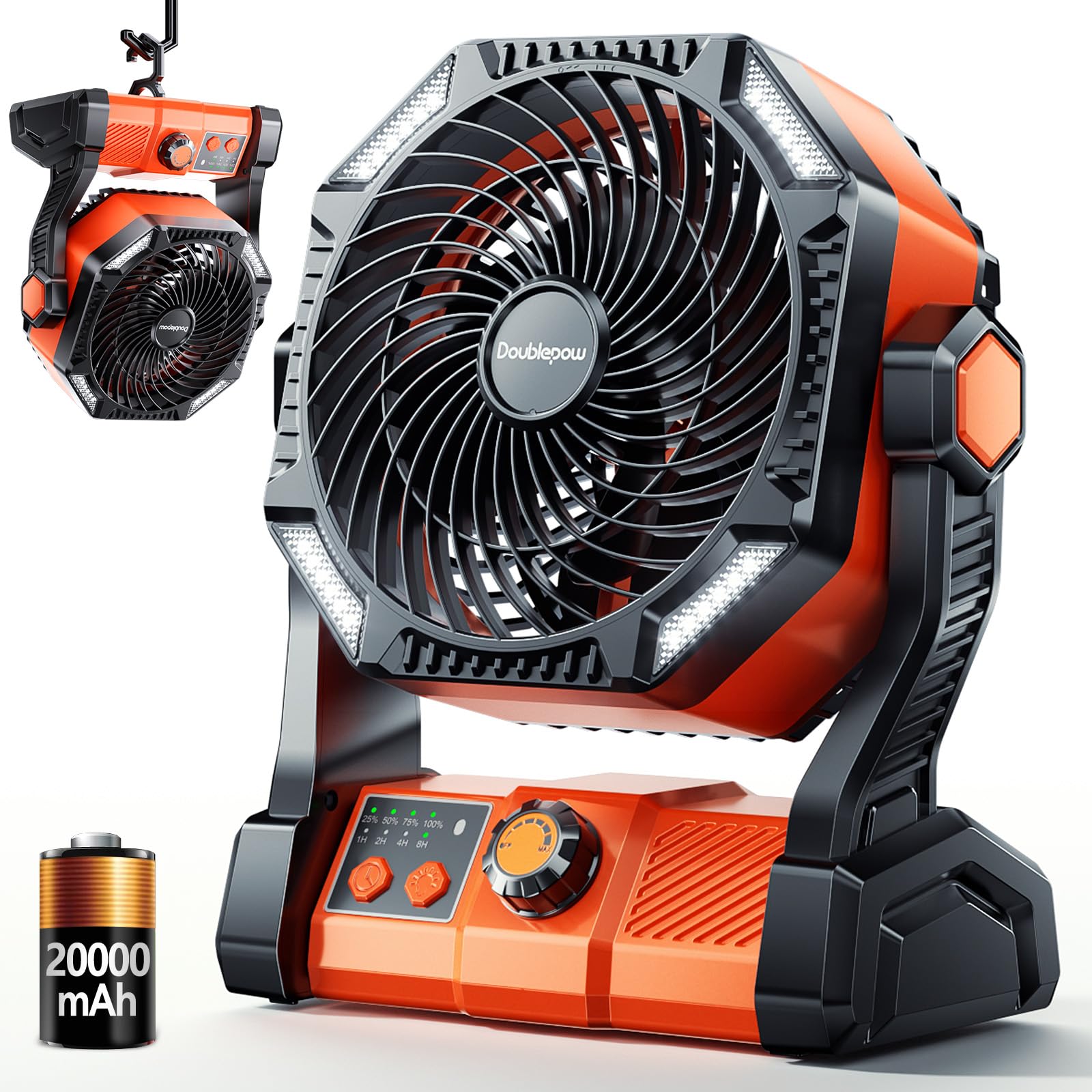 Camping LED Fan with Light, 40000m Rechargeable Battery Powered Outdoor Tent Fan with Light and Hook, 6 Speed, Personal USB Desk