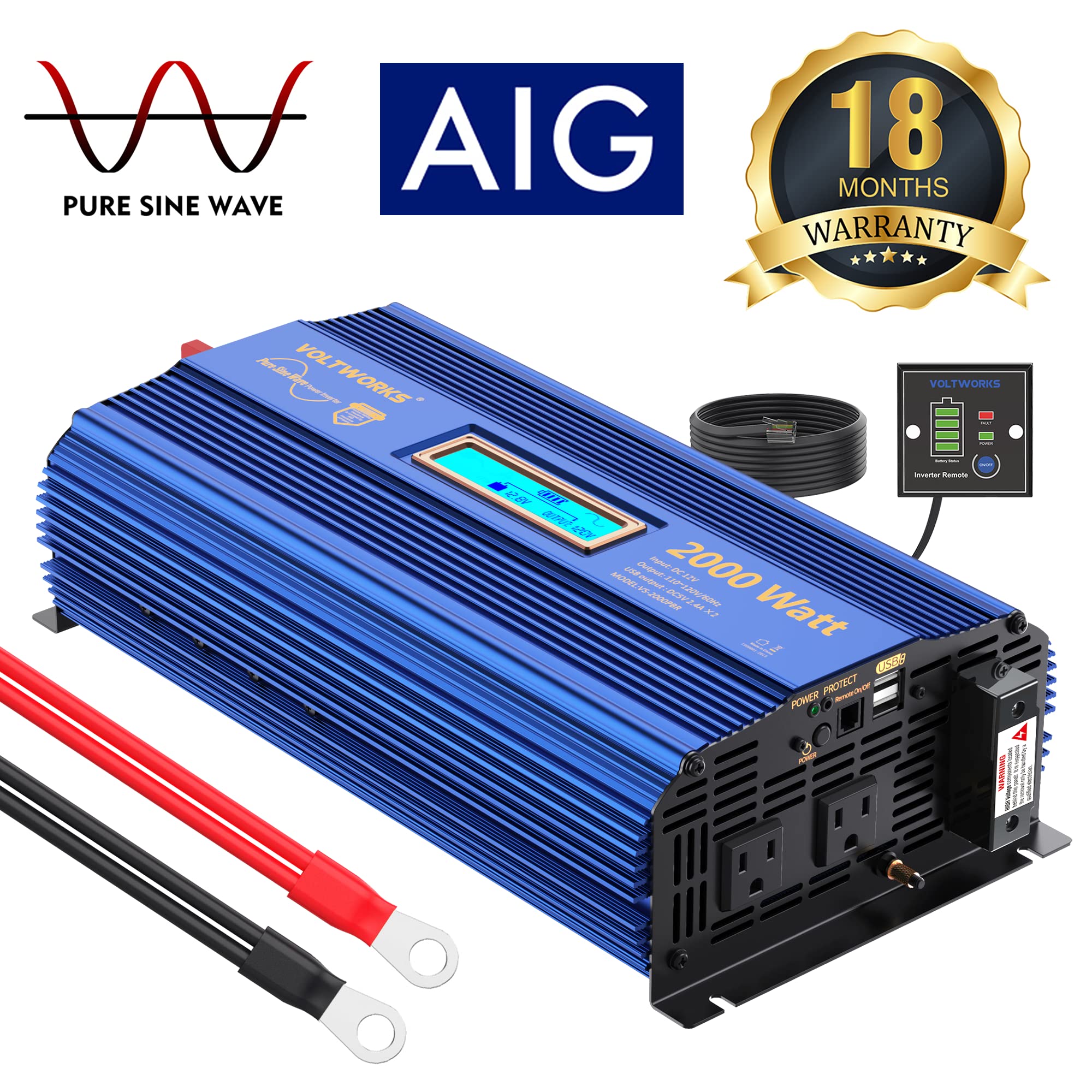 Pure Sine Wave 2000Watt Car Power Inverter Etl Ul458 Dc 12V To 120V Ac With Remote Control And Lcd Display 1 Ac Terminal Block 2